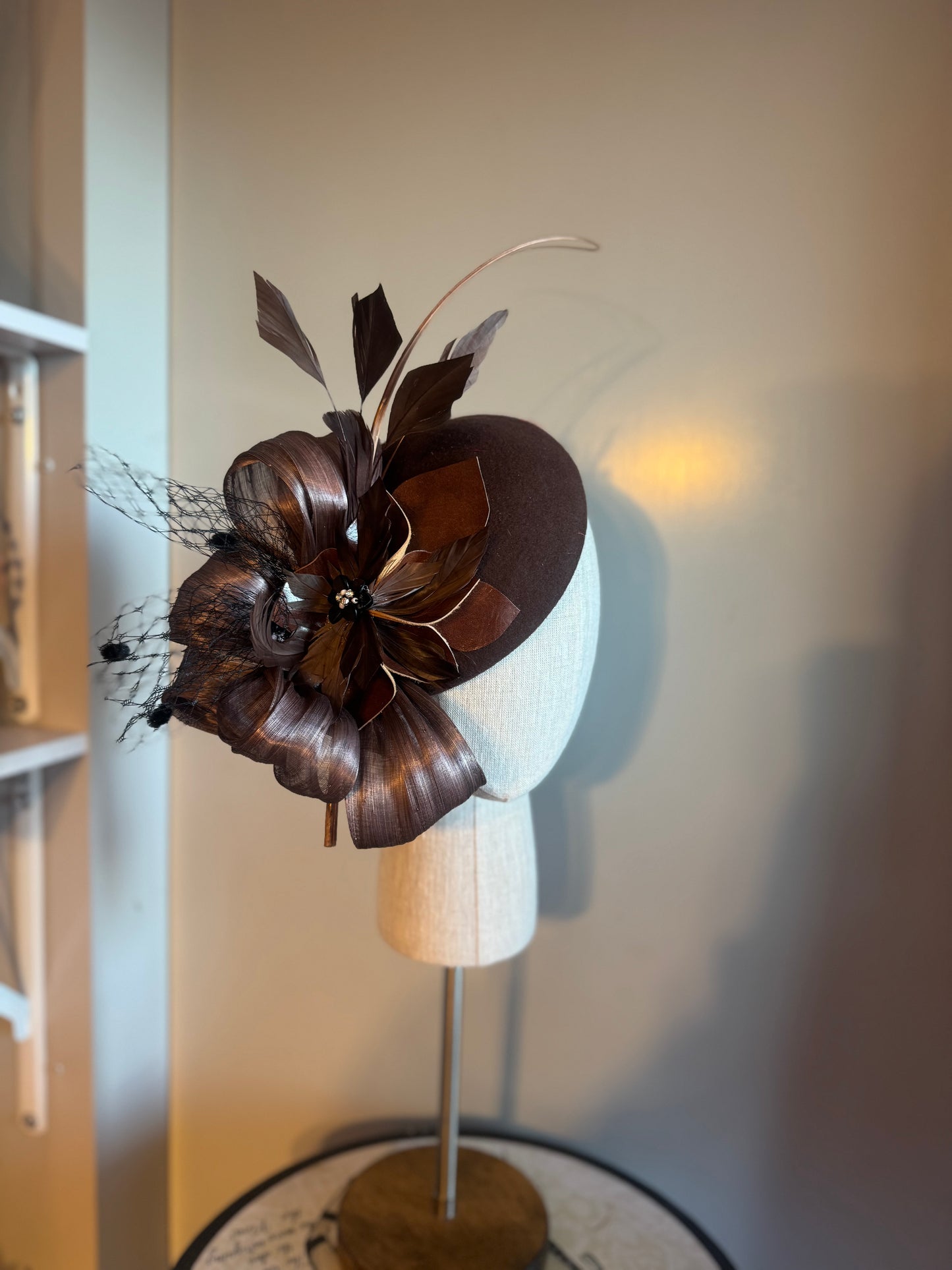 “Lucy” chocolate & black felt/wool pillbox
