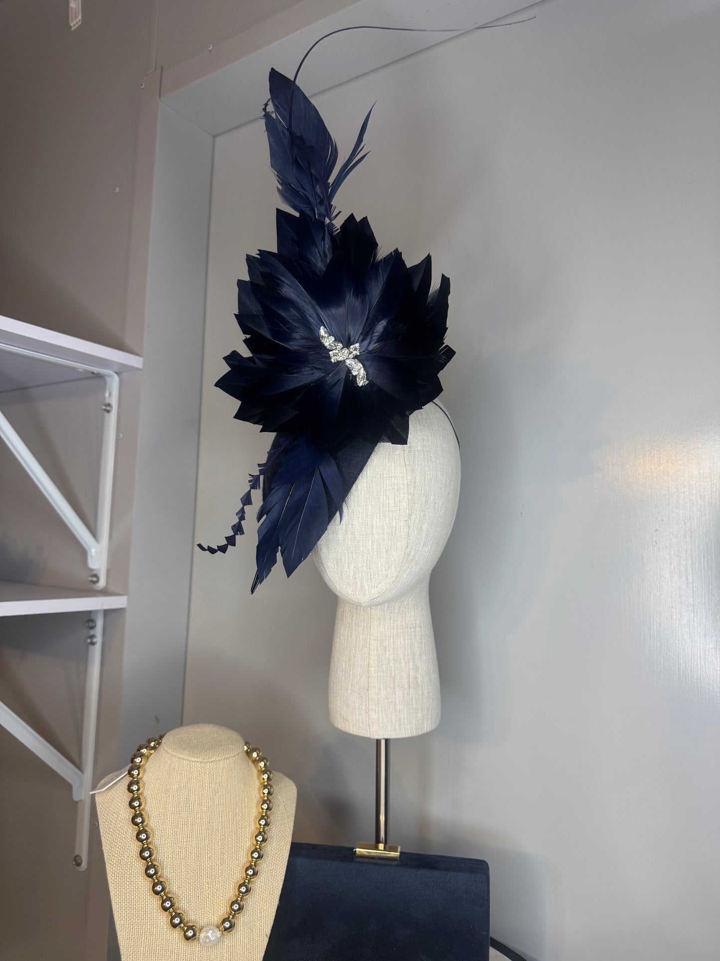 “Georgia” Navy feather felt/wool statement pillbox