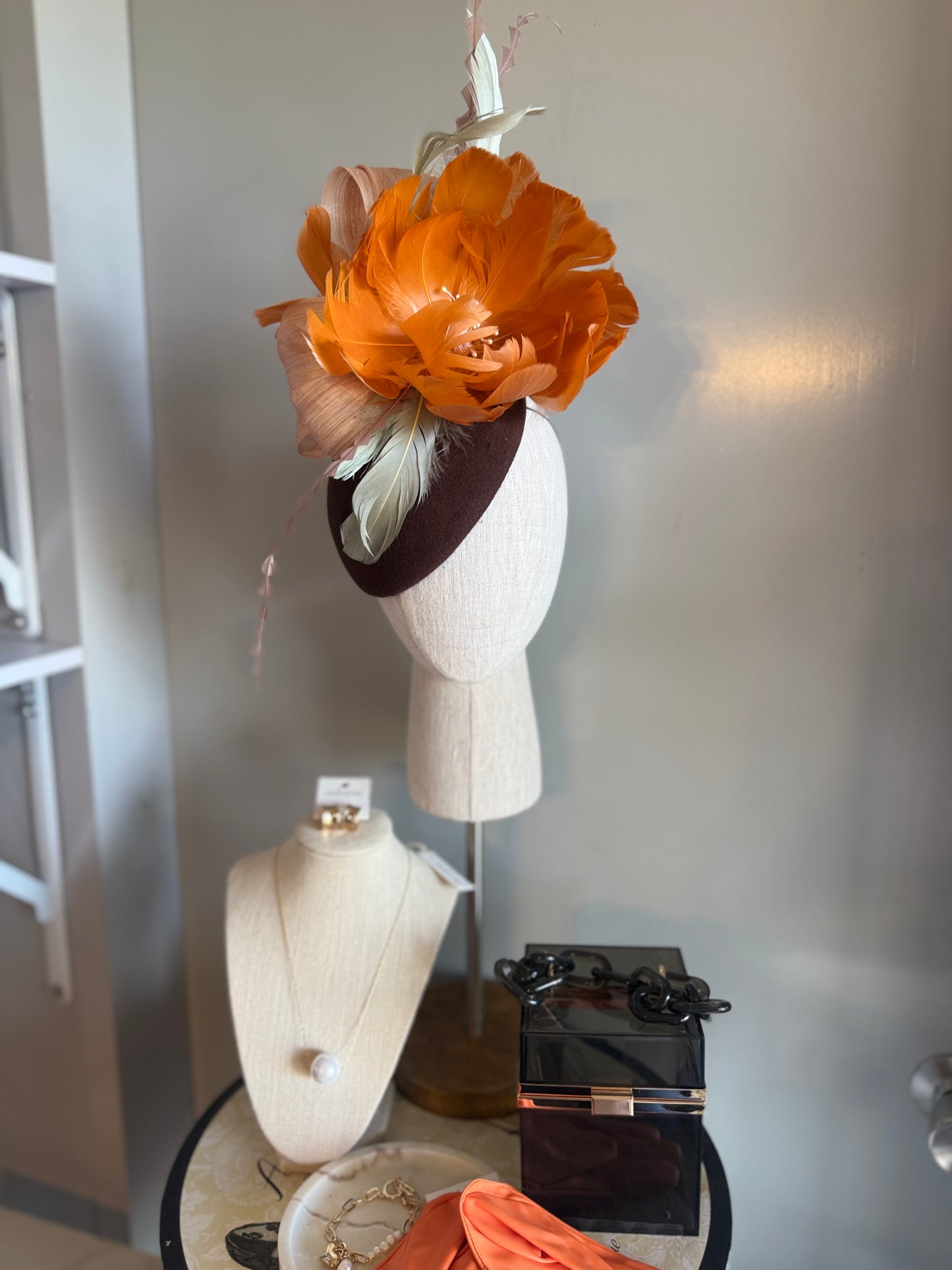 “Celeste” caramel,blush & moss feather floral pillbox