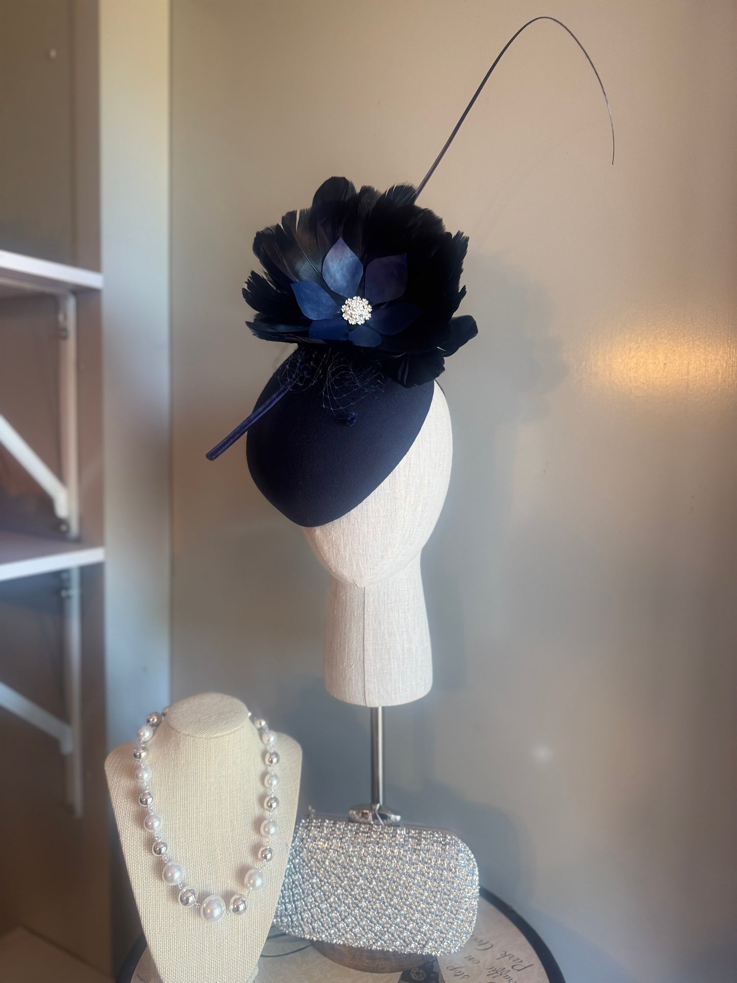 “Claudia” Navy feather pillbox