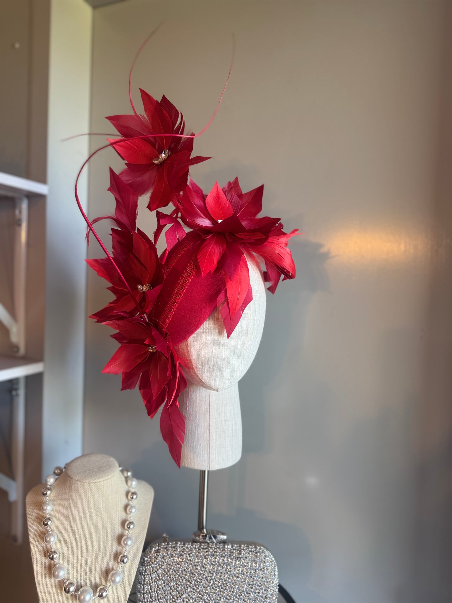 “Odette” Red feather statement felt/wool pillbox