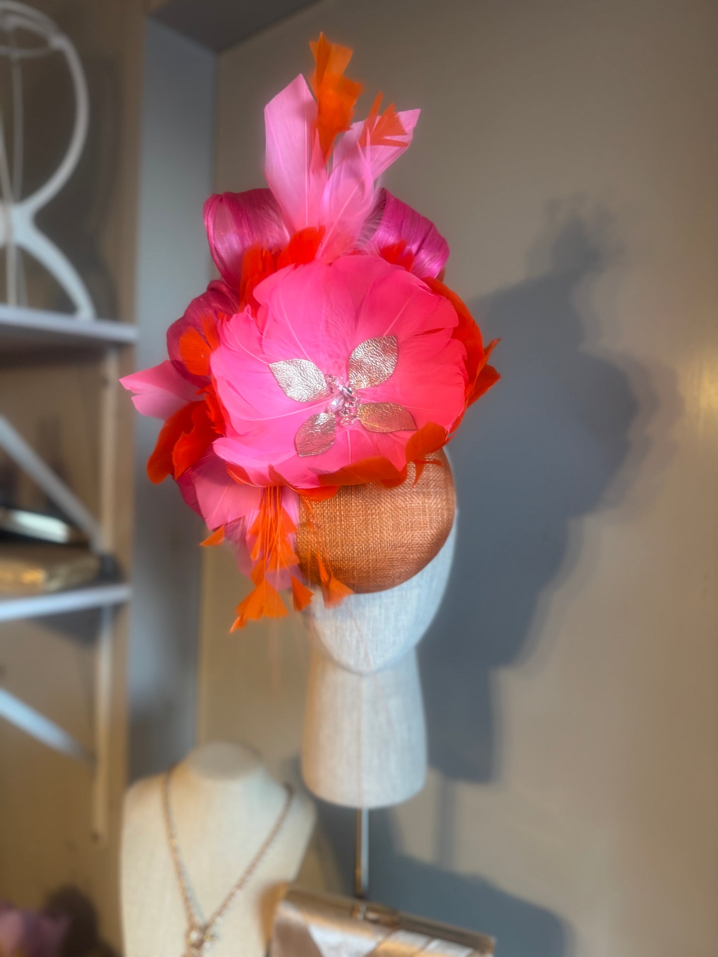 “Eleni” orange, pink & rose gold feather statement