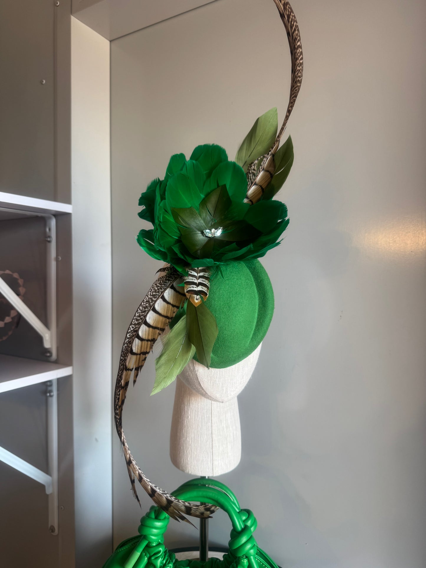 “Carla” Green feather statement felt/wool pillbox