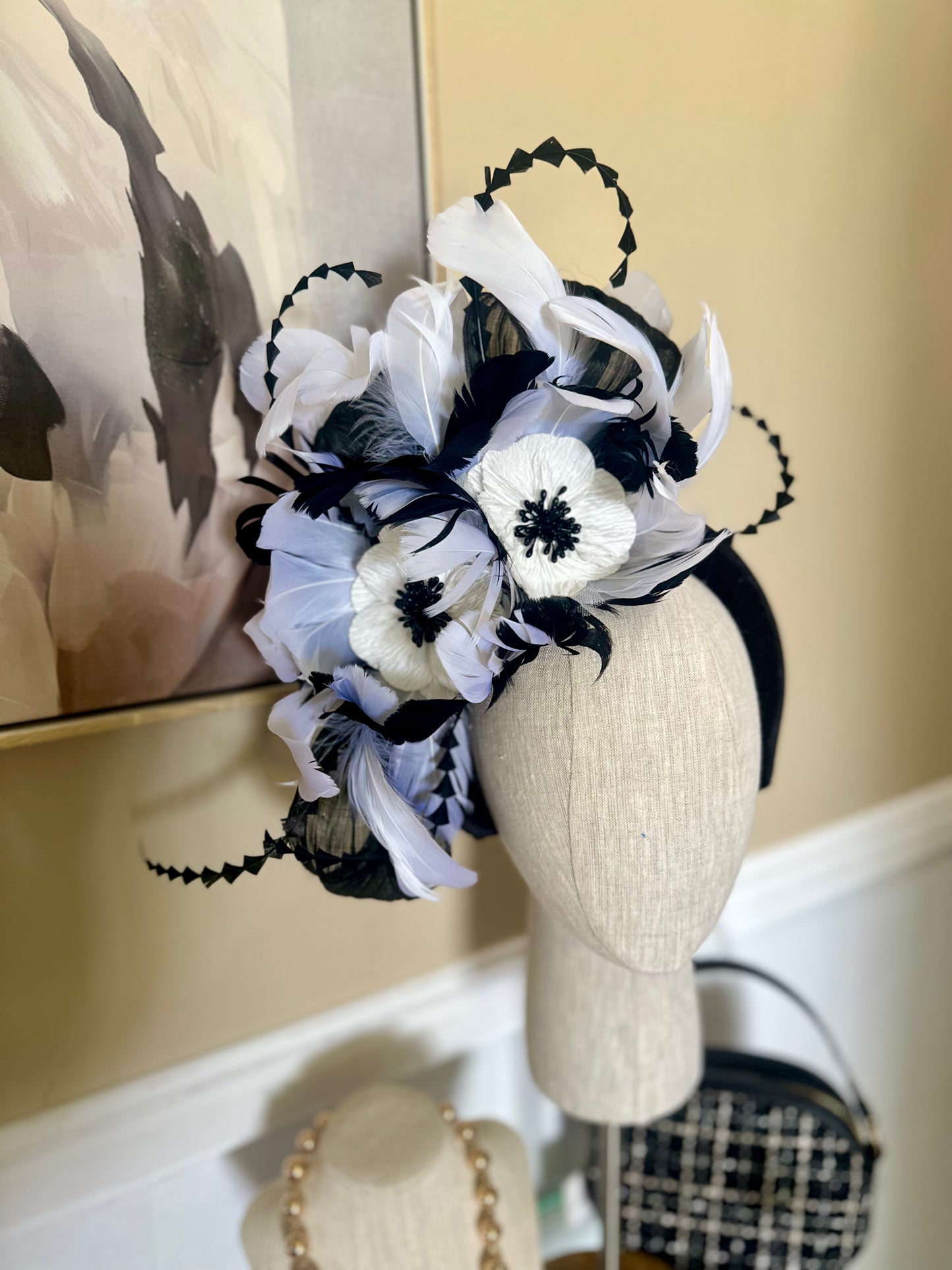 “Candice” black and white feather floral