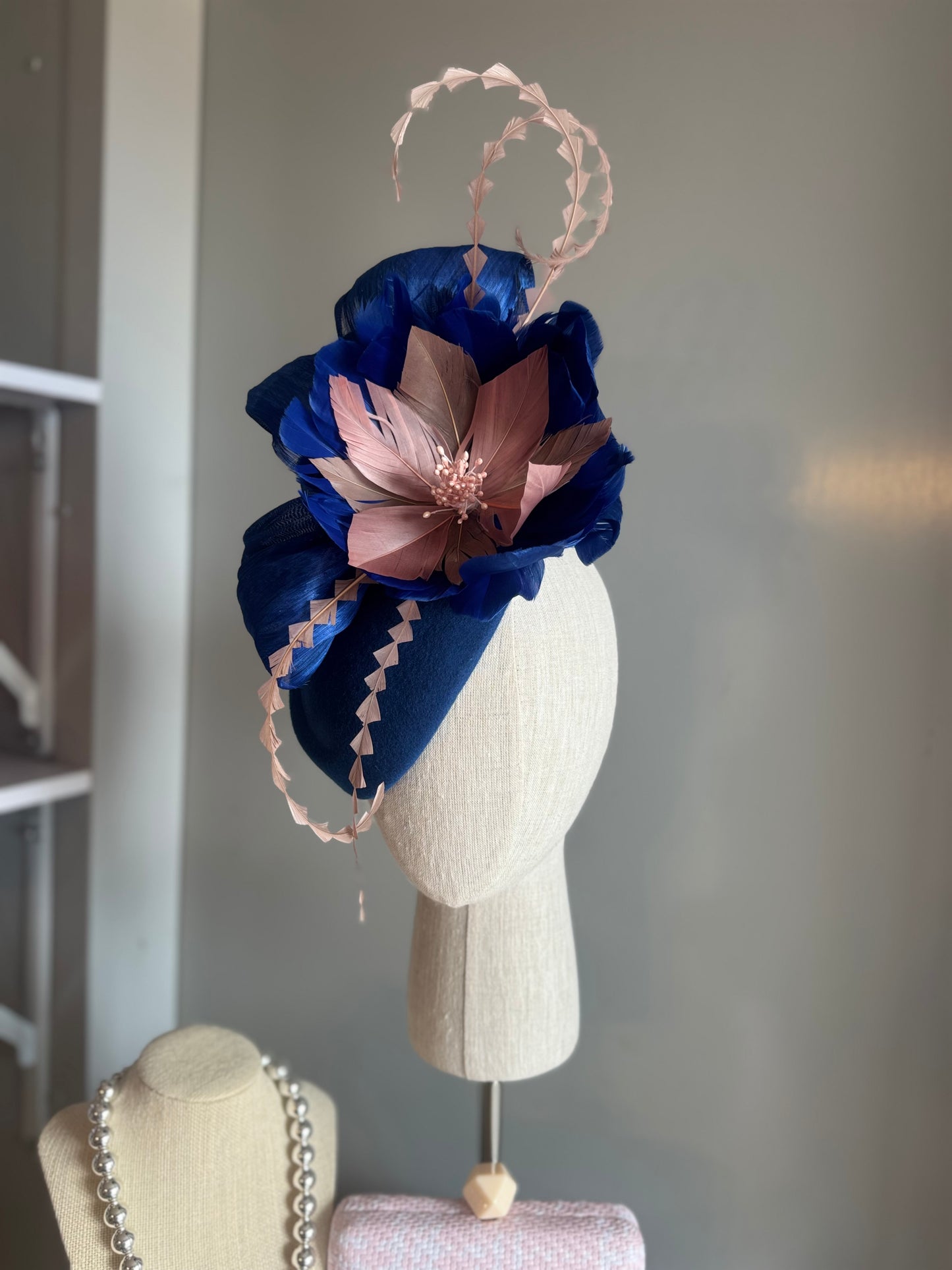 “Cynthea” blue,pink & latte feather pillbox