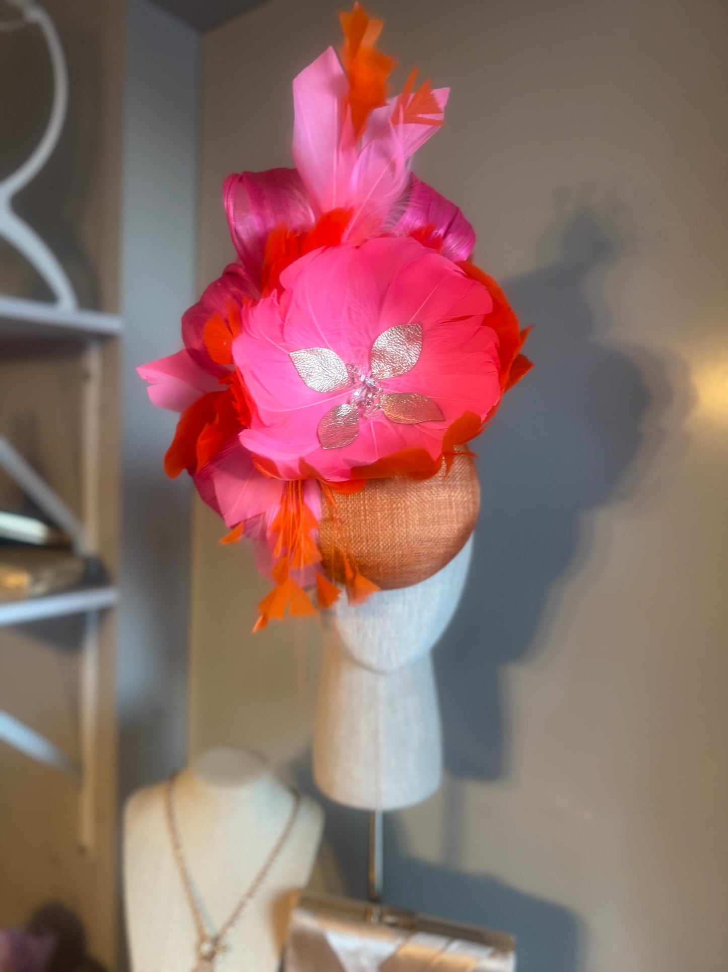“Eleni” orange, pink & rose gold feather statement