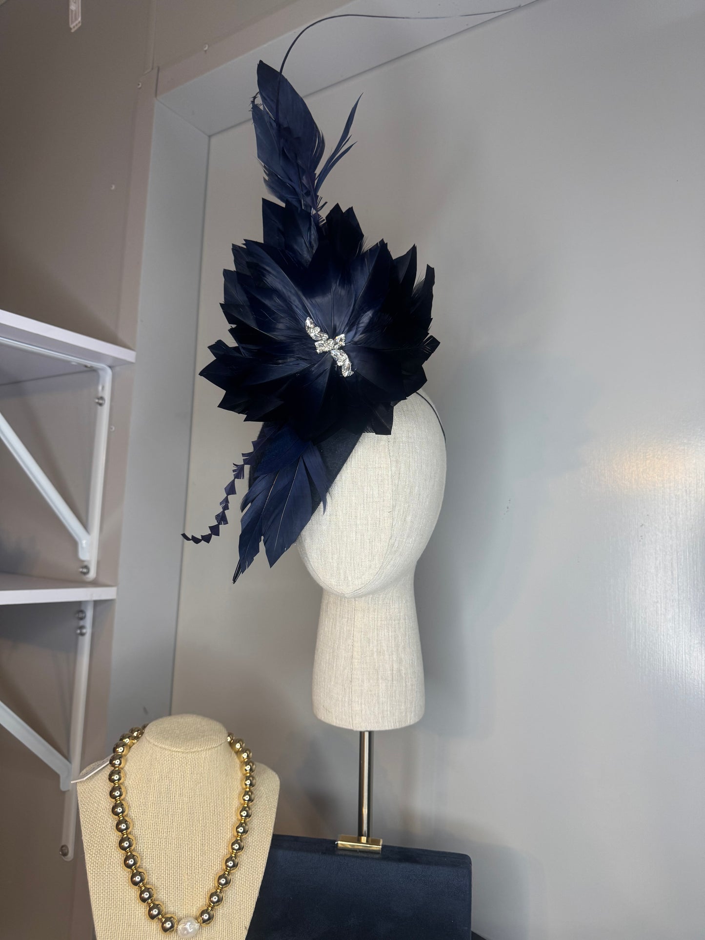 “Georgia” Navy feather felt/wool statement pillbox