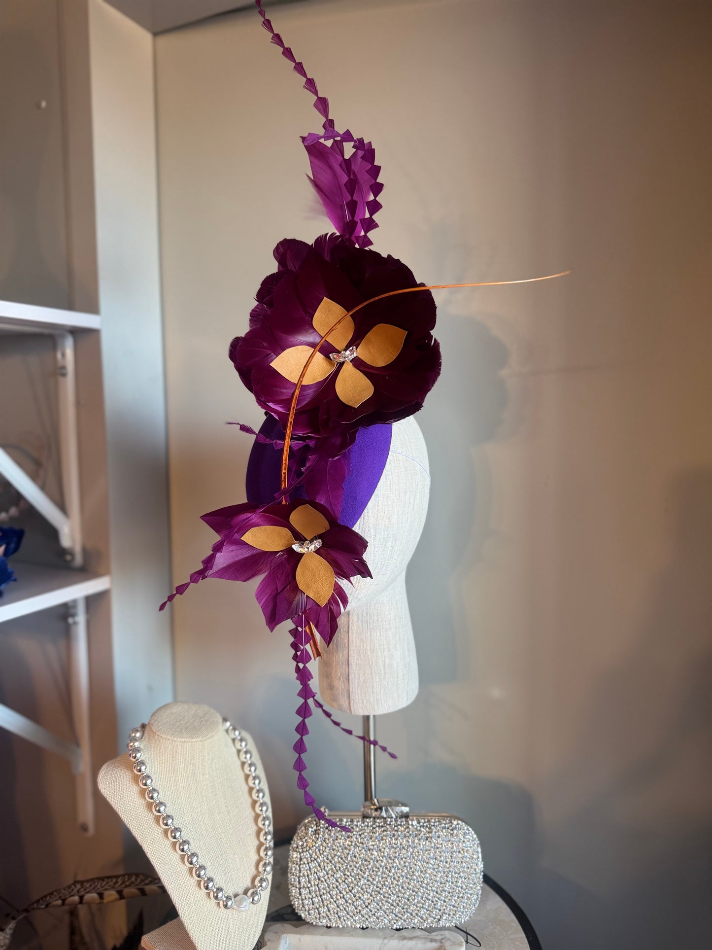 “Mimi” purple and tan feather felt/wool pillbox
