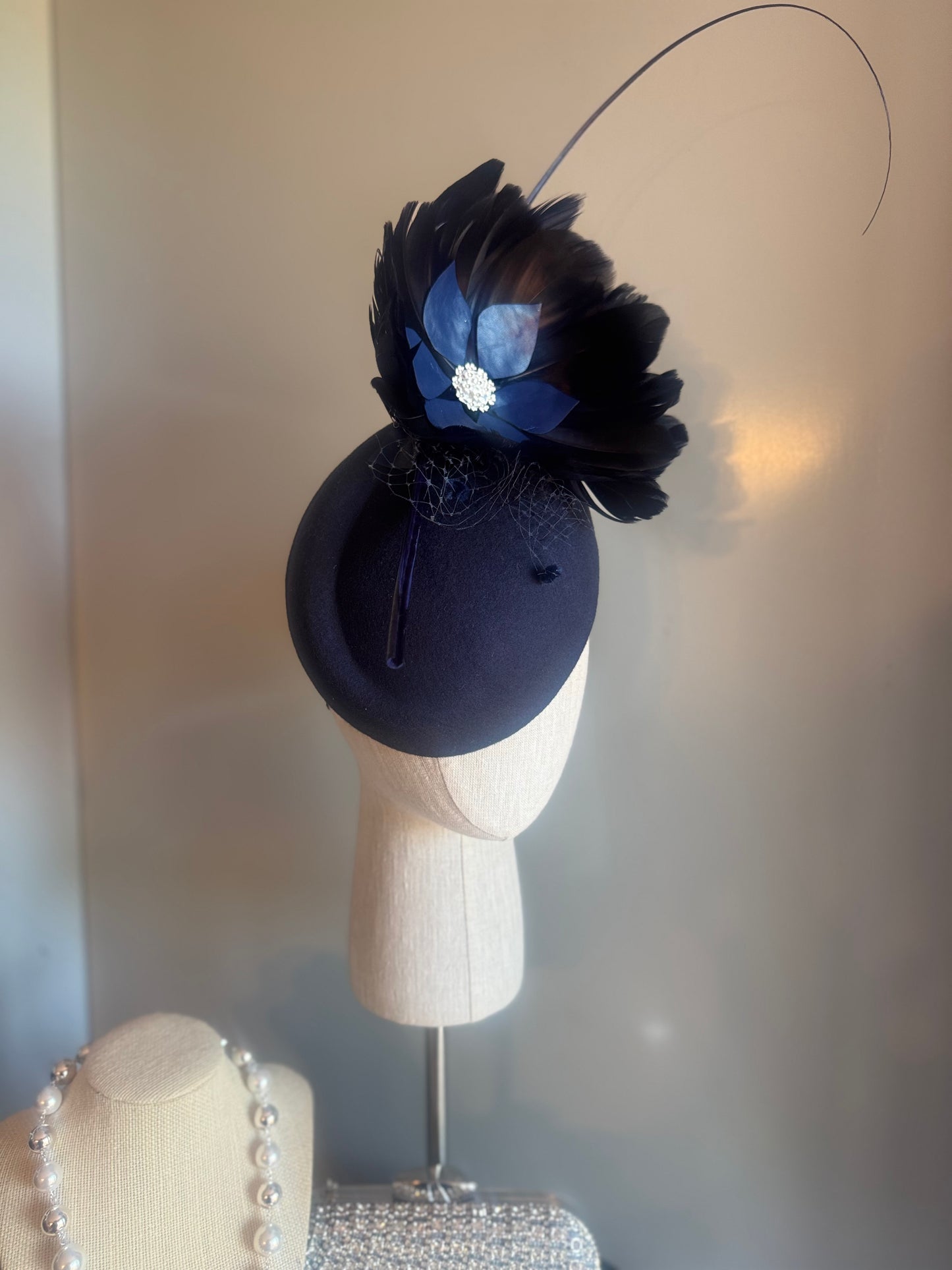 “Claudia” Navy feather pillbox