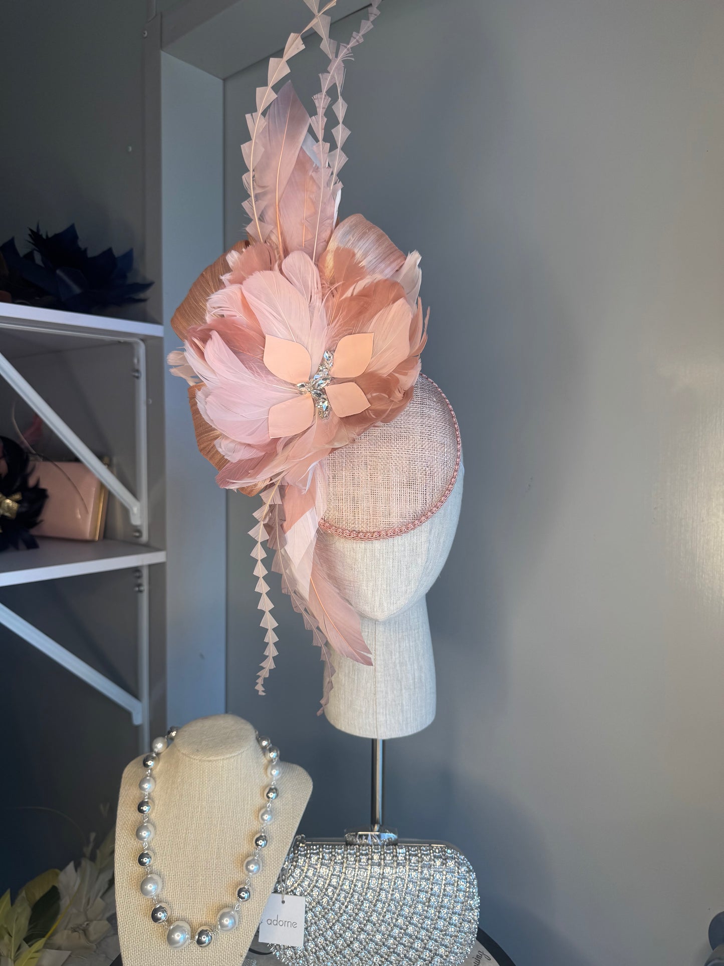 “Melinda” blush pink feather statement