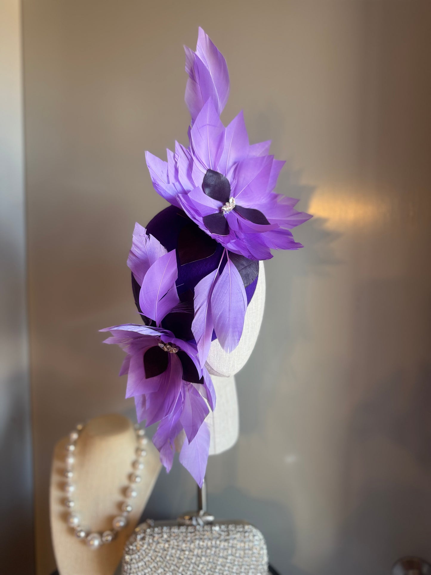 “Eleni” purple feather, leather & felt/wool statement