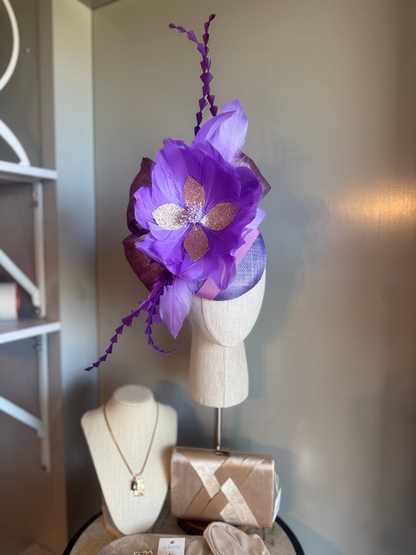 “Audrey” purple lilac rose gold feather floral