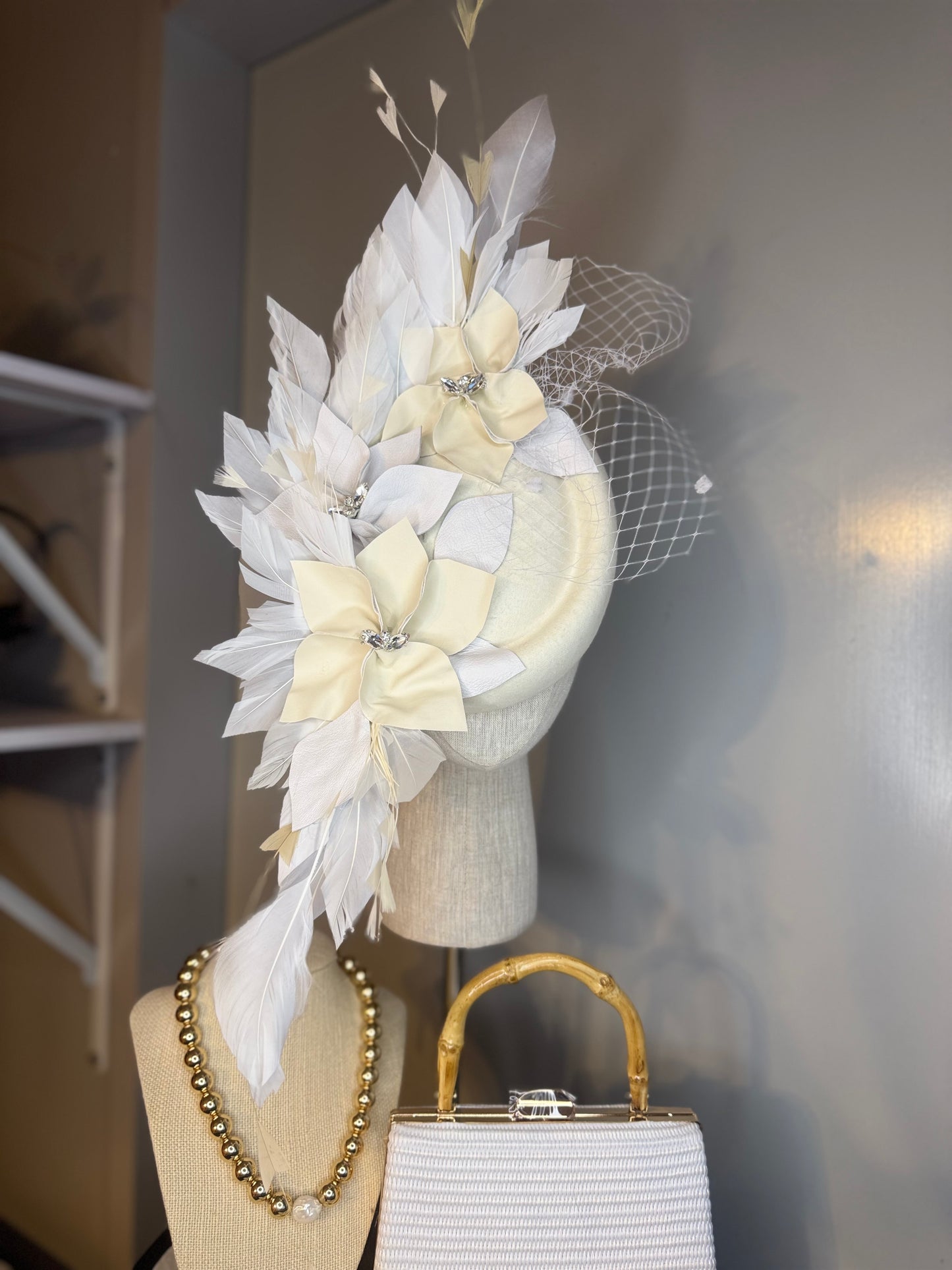 “Claudette” white & cream leather felt/ wool and feather statement