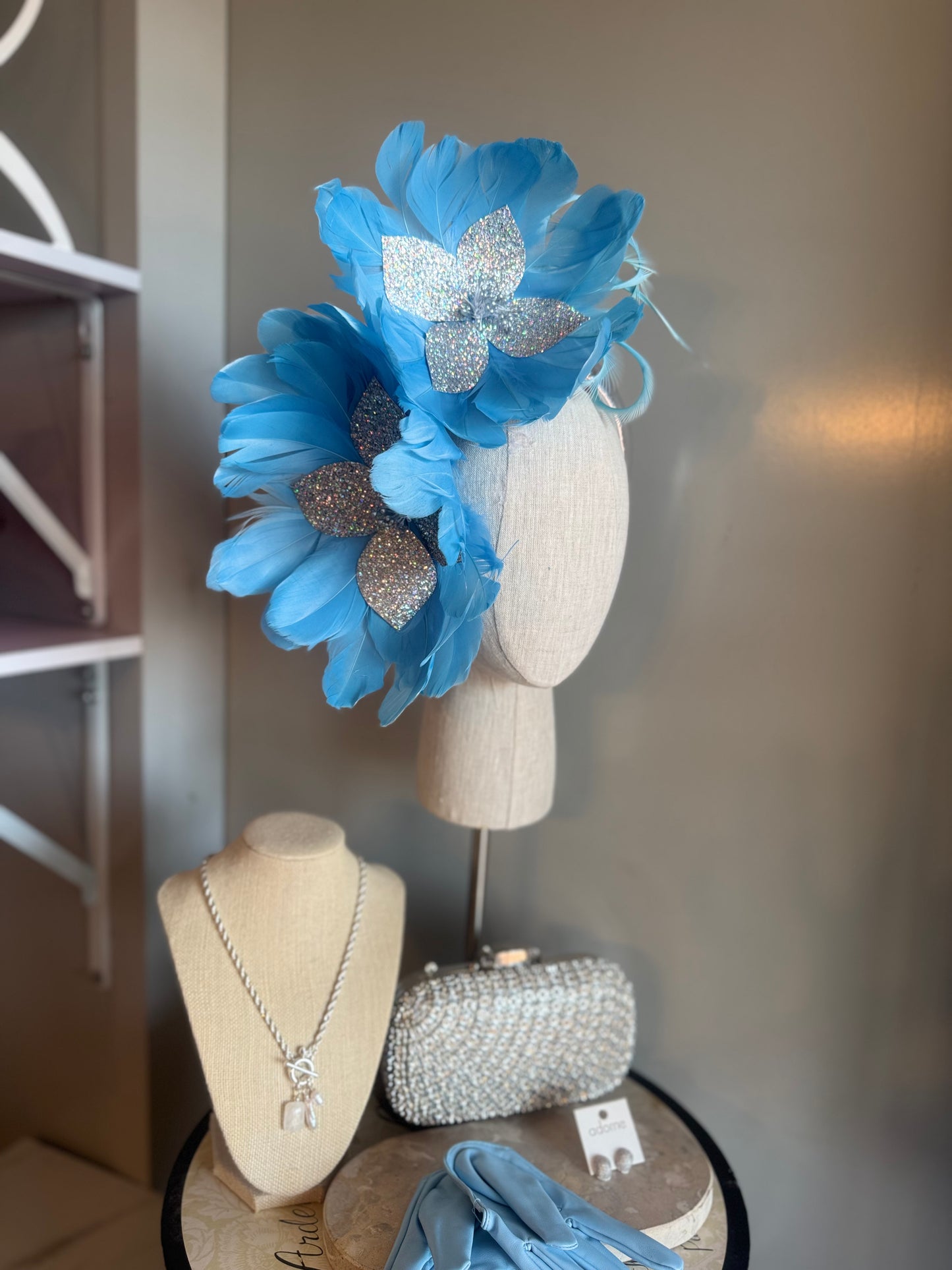 “Jeanada” baby blue & silver feather statement