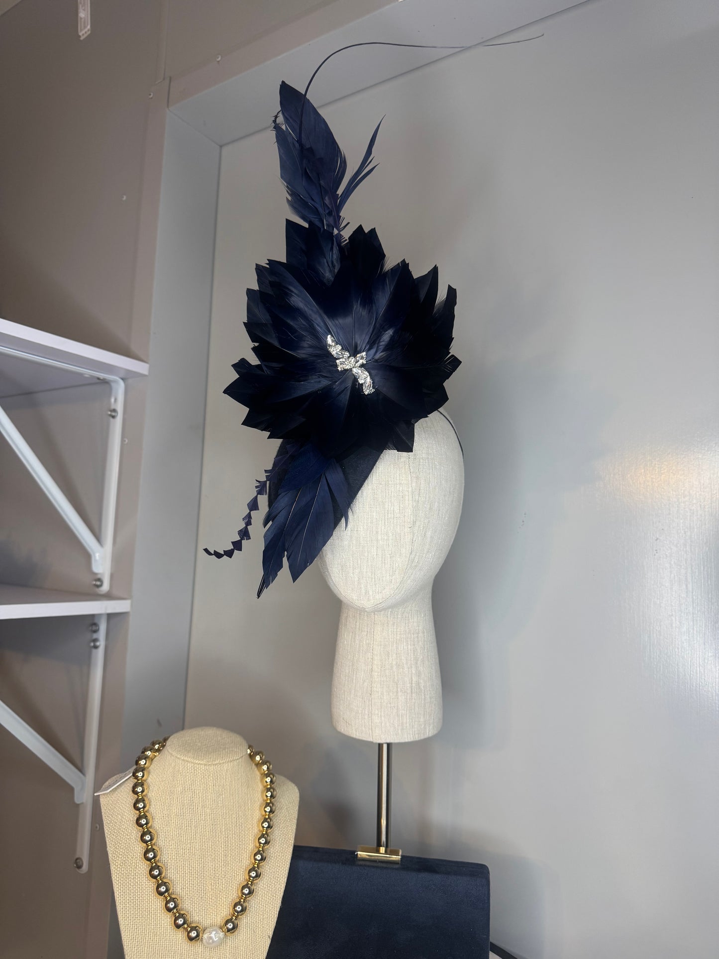 “Georgia” Navy feather felt/wool statement pillbox