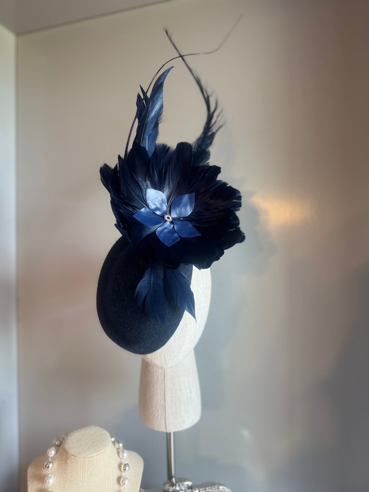 “Morgan” Navy feather statement pillbox
