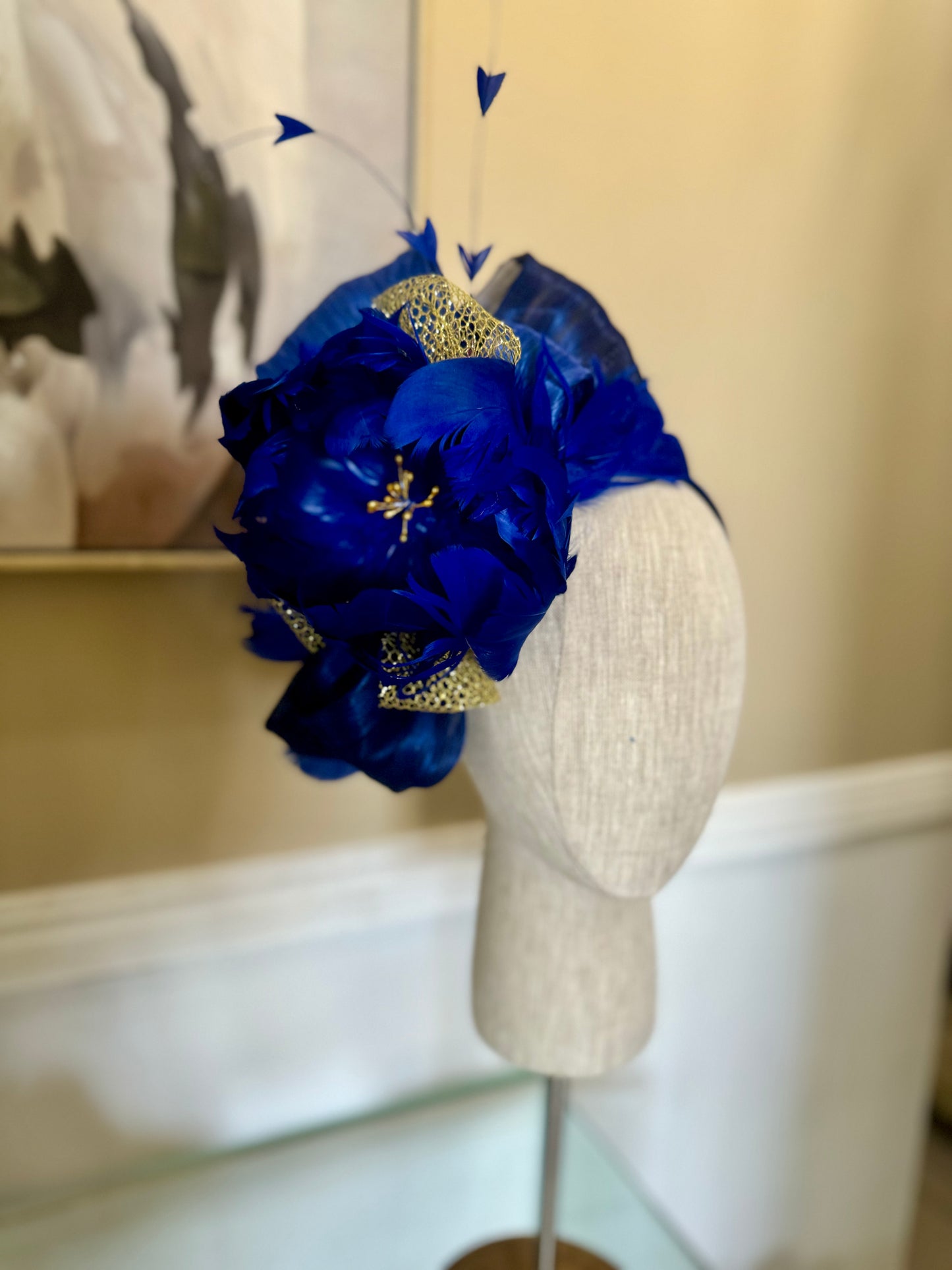 “Roslyn” cobalt & gold feather floral