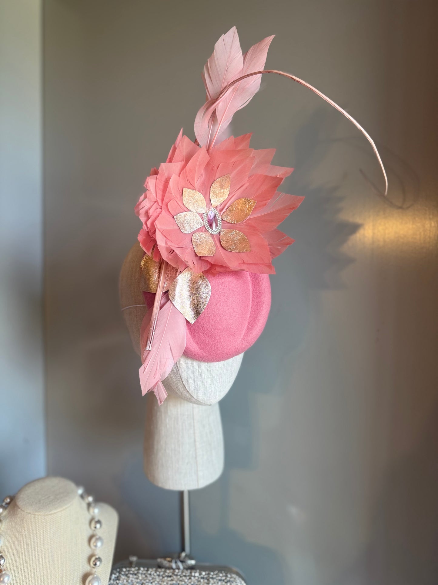 “Trish” pink & Rose gold feather statement