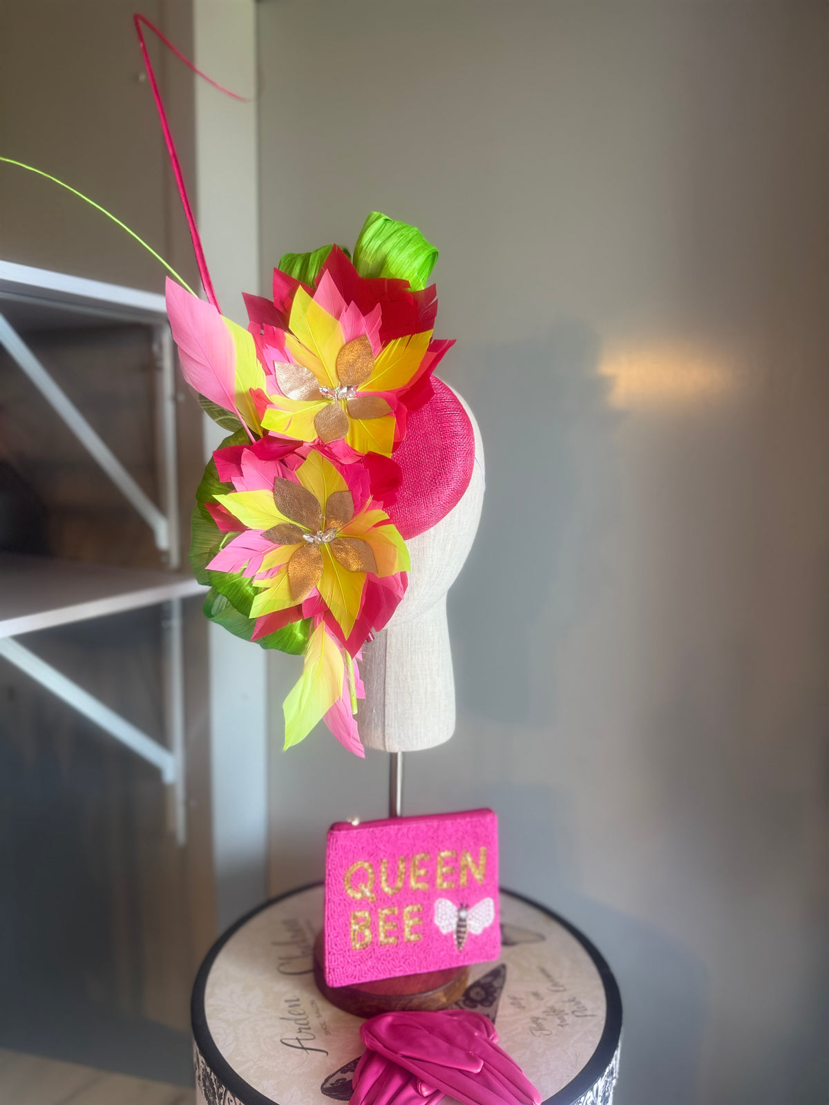 “Morgan” hot pink,neon lime green feather statement
