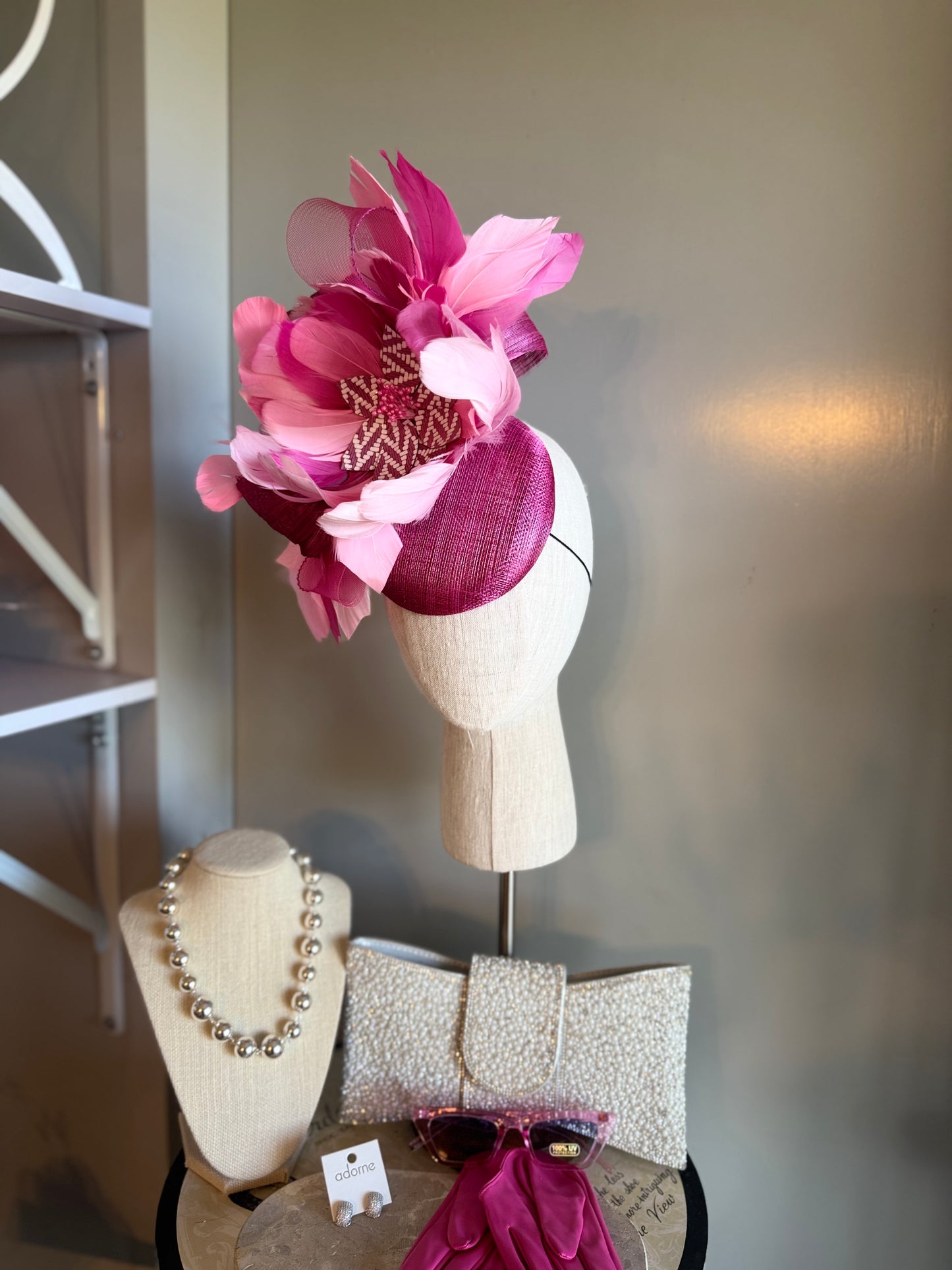 “Dimity” pink feather floral statement fascinator