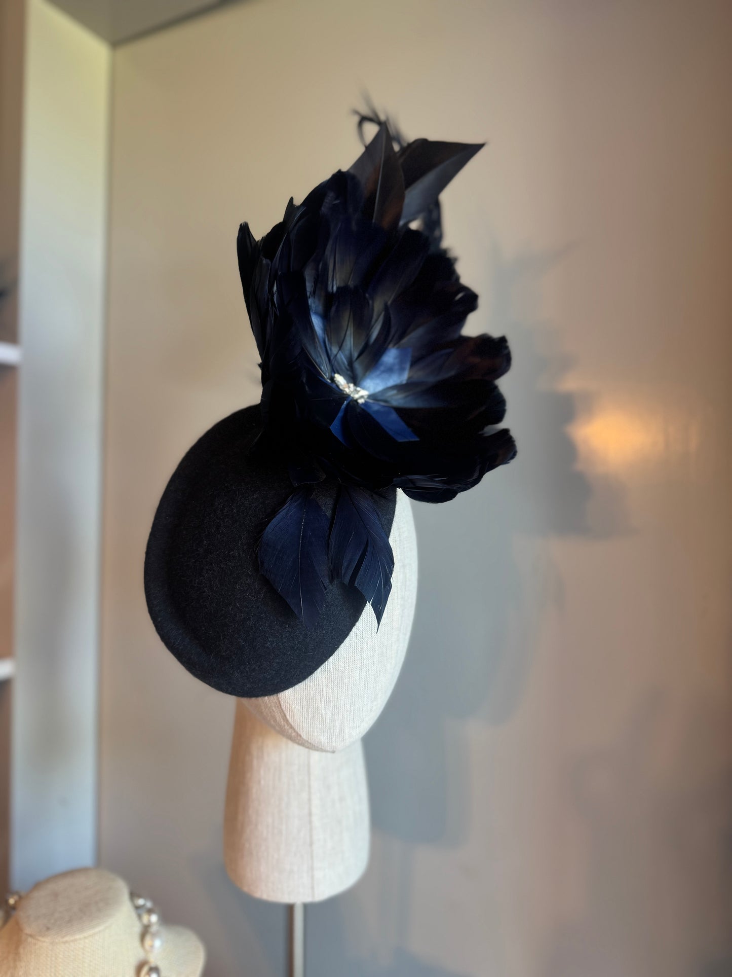 “Laura” Navy feather statement pillbox