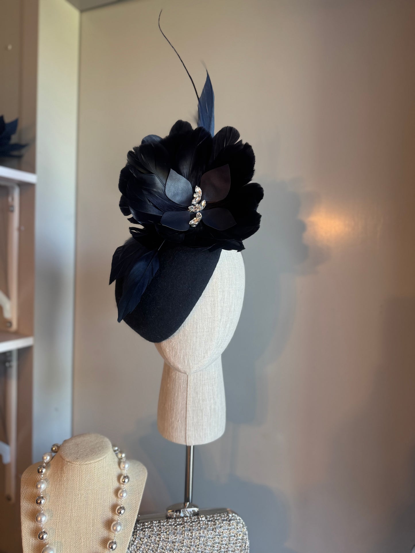 “Ashley” Navy feather statement pillbox