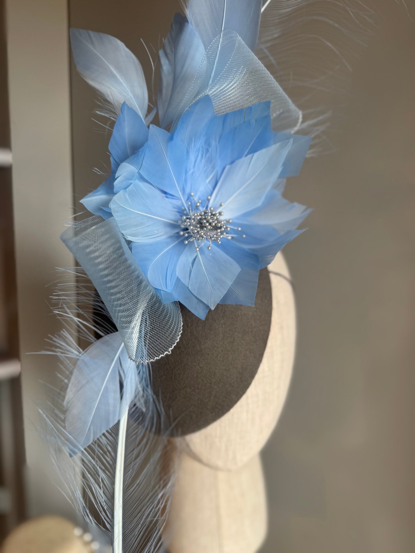 “Peta” blue & slate statement felt/wool pillbbox