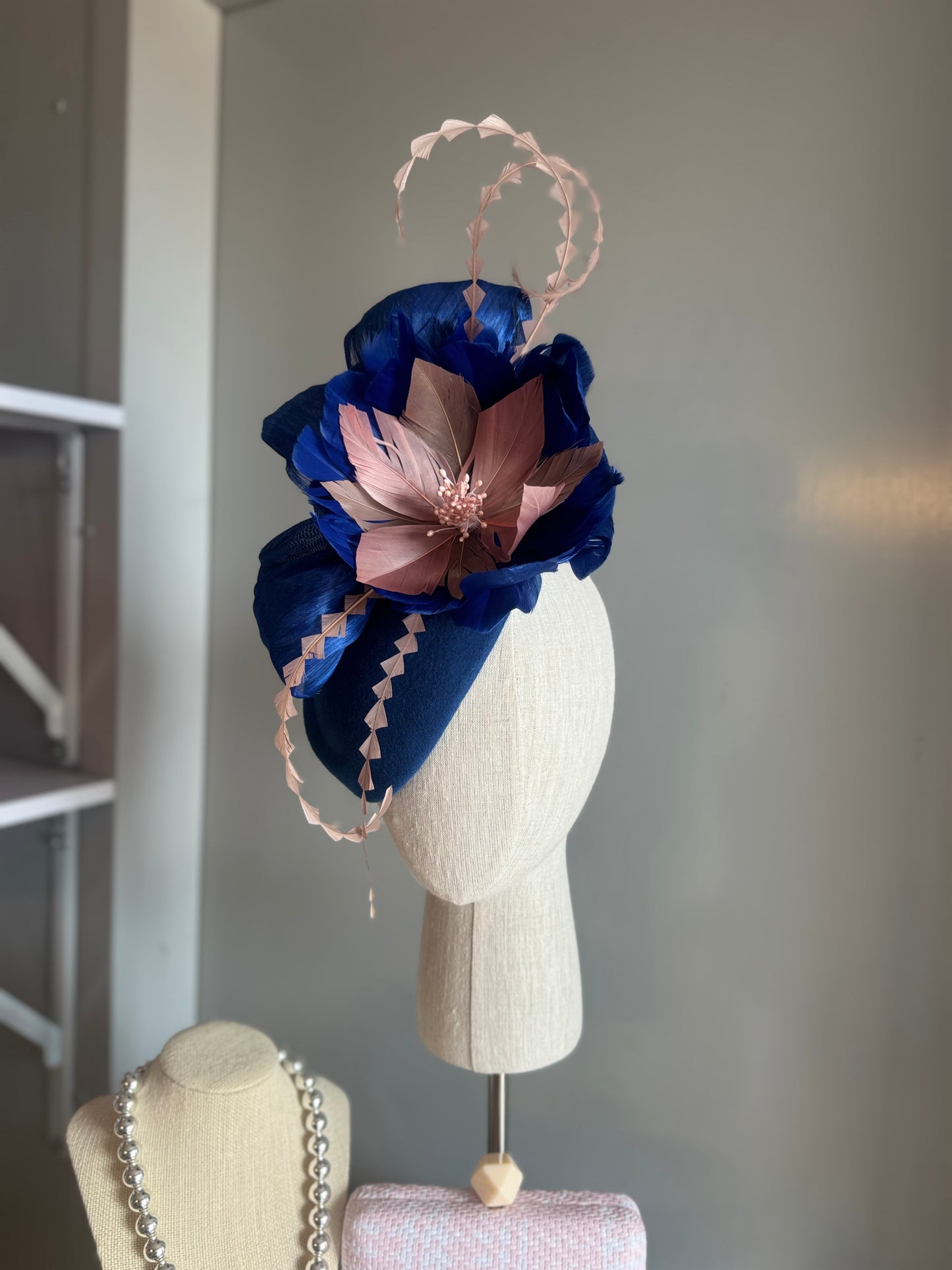 “Cynthea” blue,pink & latte feather pillbox