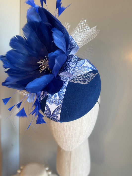 “Trista” cobalt blue & silver felt/wool pillbox