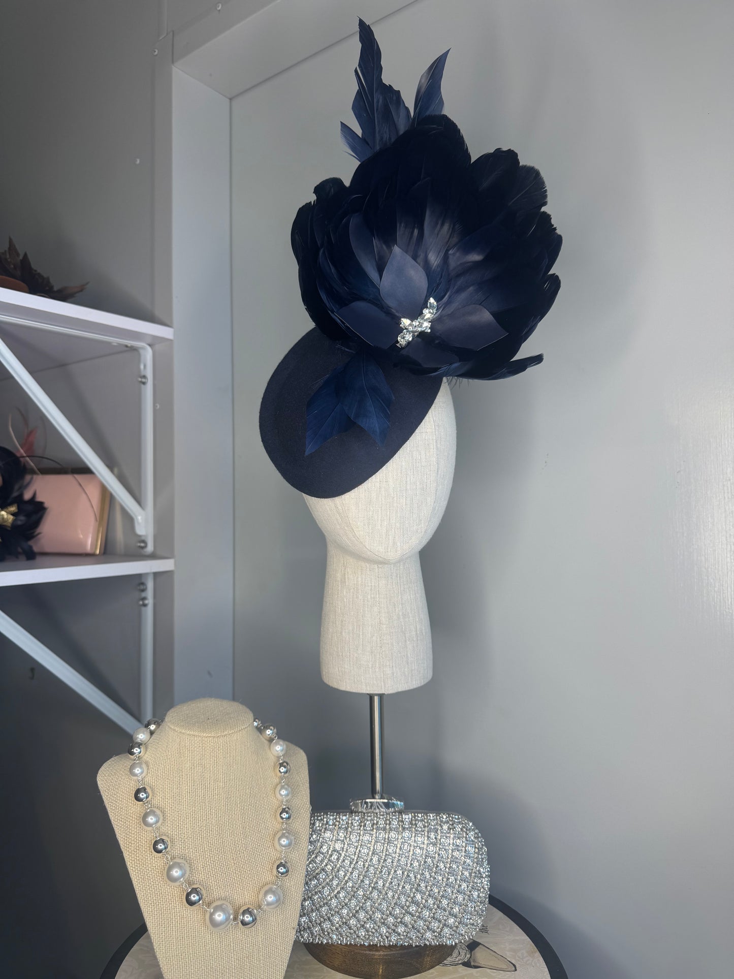“Courtney” Navy blue feather statement pillbox