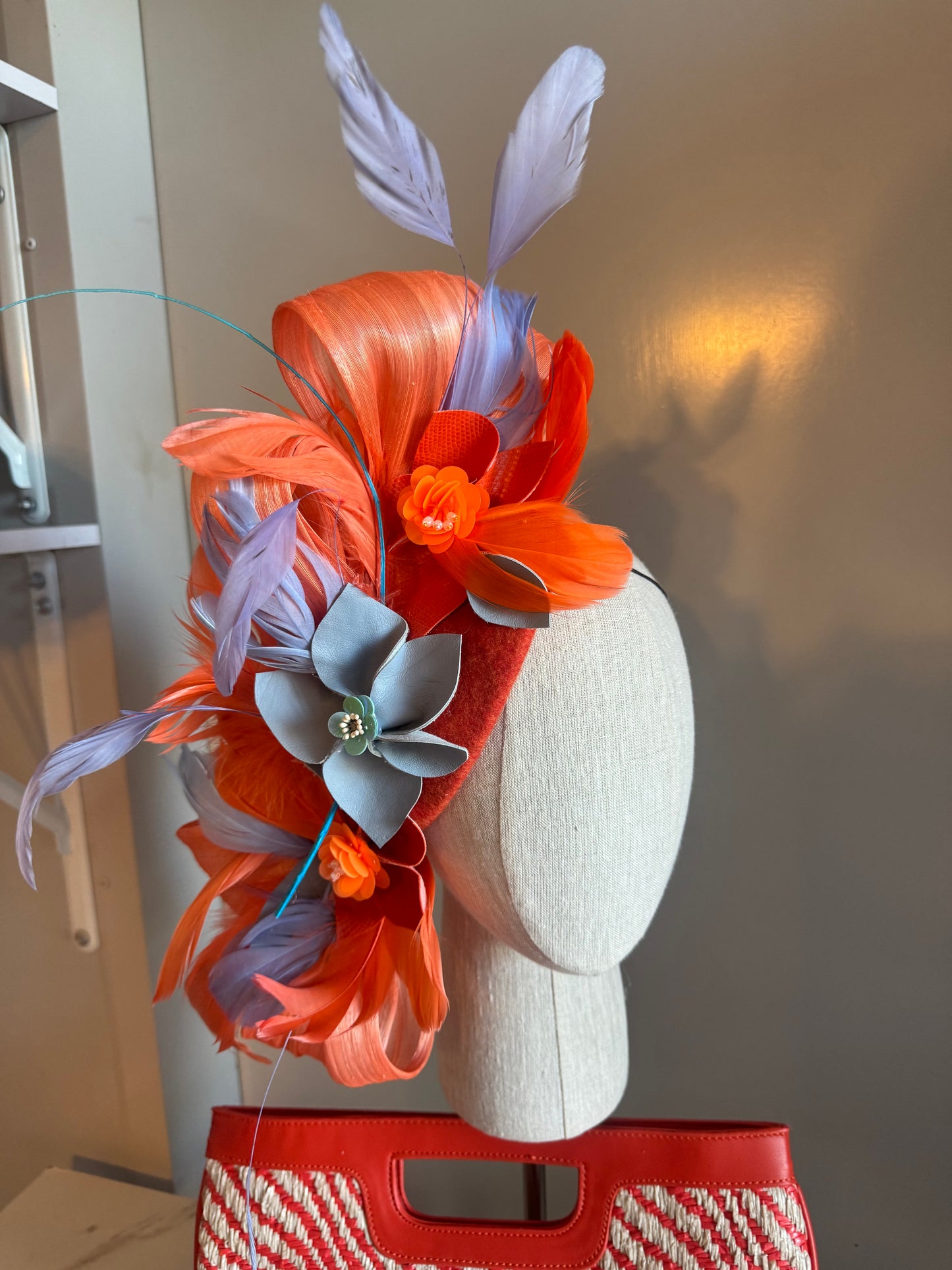“Tinka” blue &orange pleather wool/felt pillbox