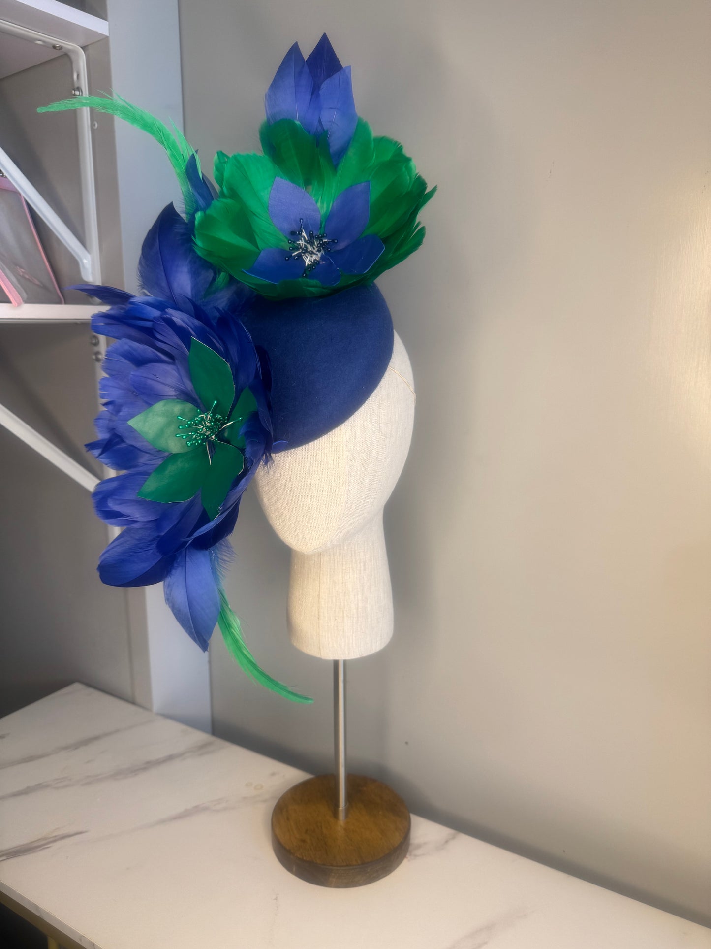 “Samantha” blue & green statement pillbox