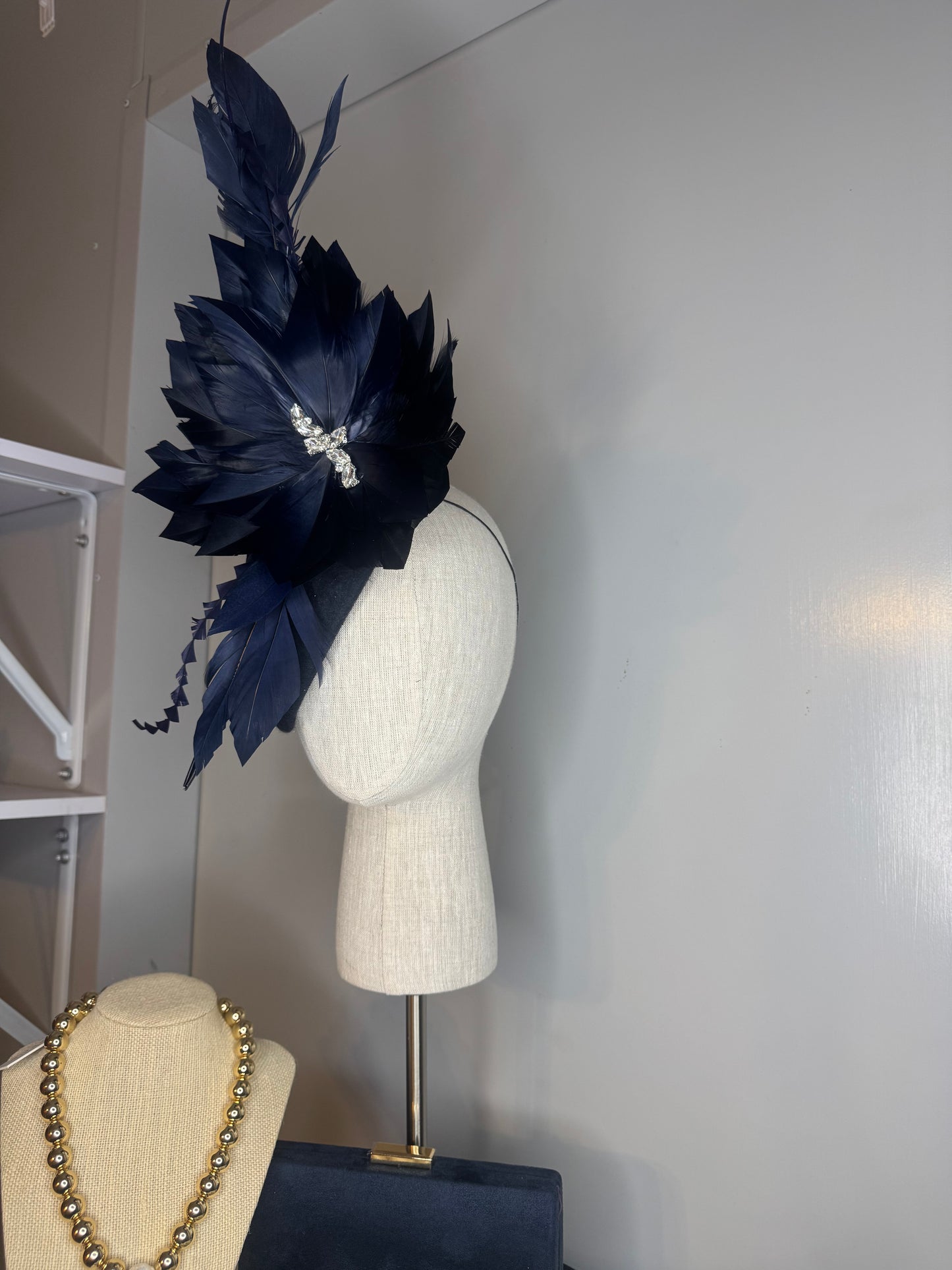 “Georgia” Navy feather felt/wool statement pillbox