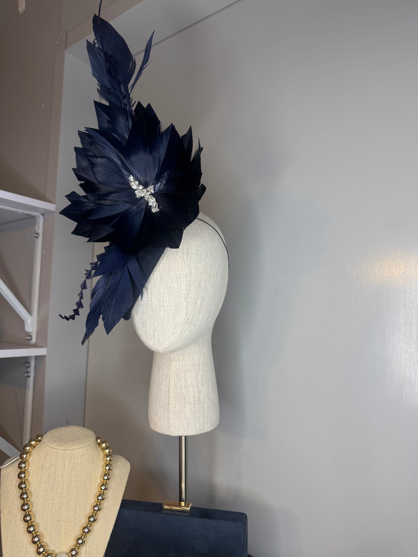 “Georgia” Navy feather felt/wool statement pillbox
