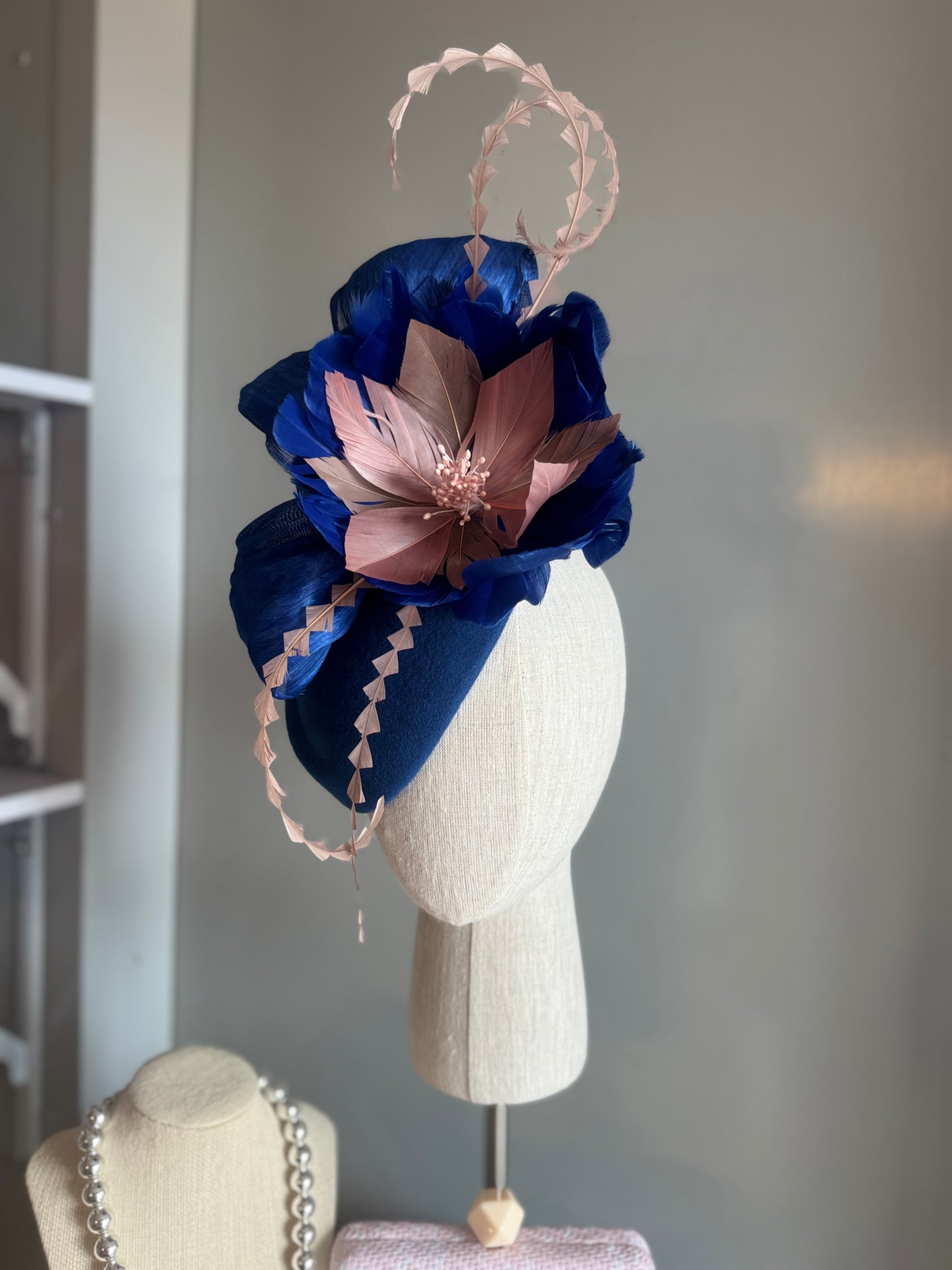 “Cynthea” blue,pink & latte feather pillbox