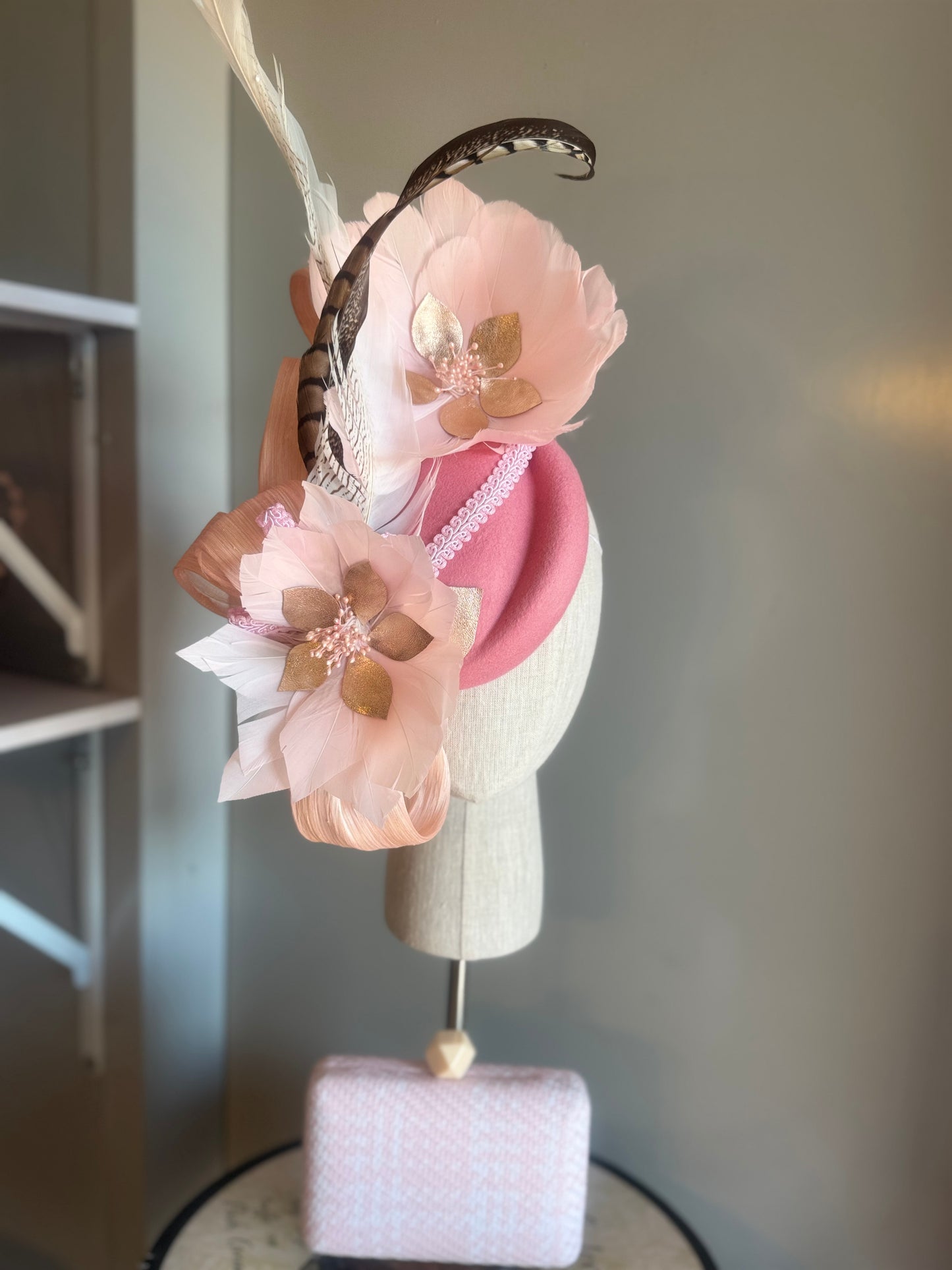 “Jessie” pink feather statement felt/wool pillbox