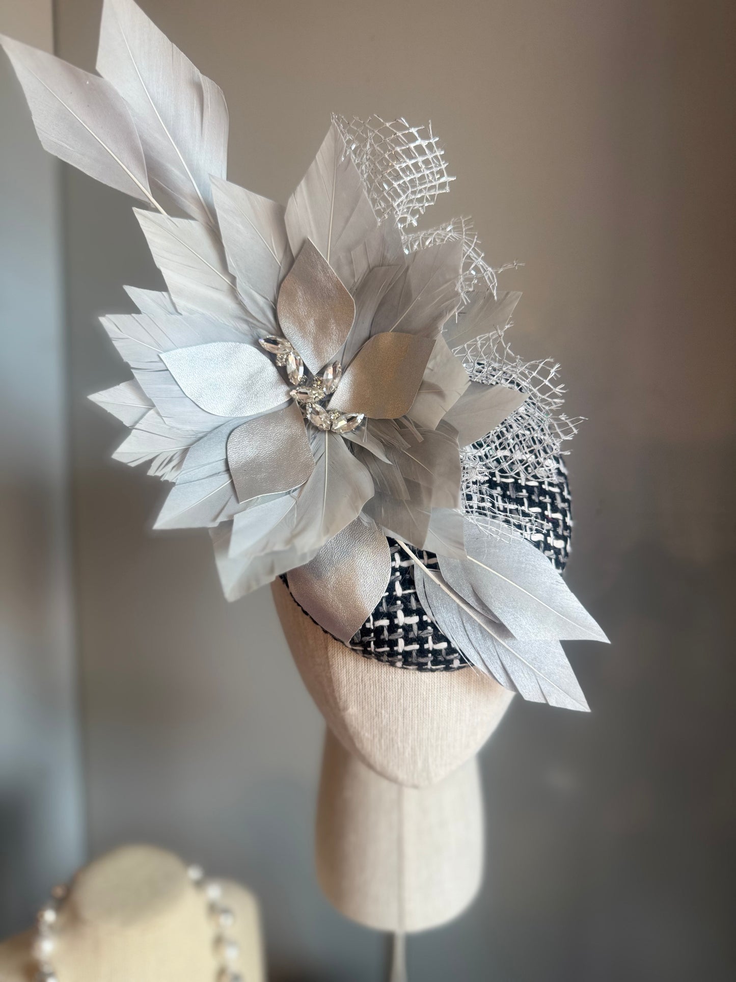 “Beatrice” Silver grey, black & white feather felt/wool statement