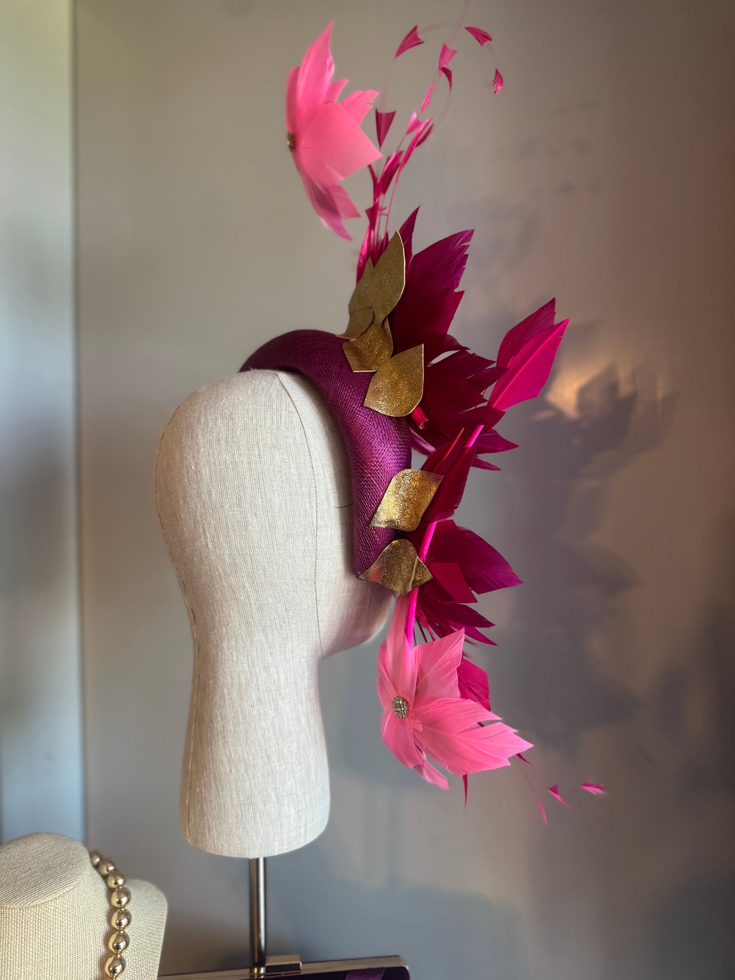 “Bridgette” magenta hot pink & gold feather statement