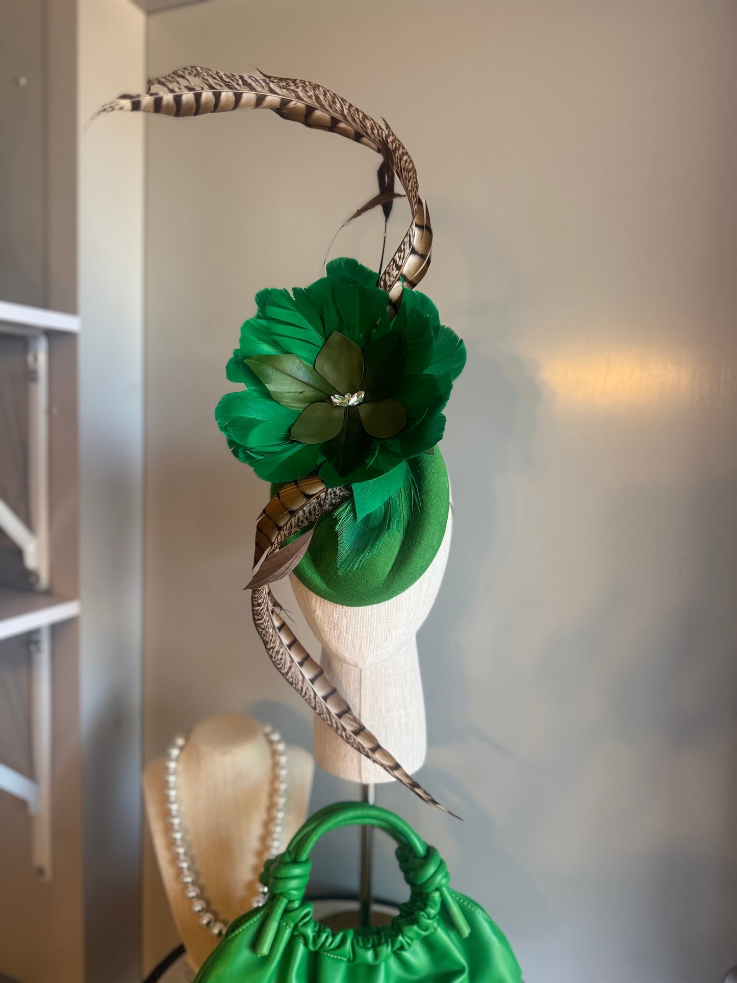 “Sim” Green feather statement pillbox