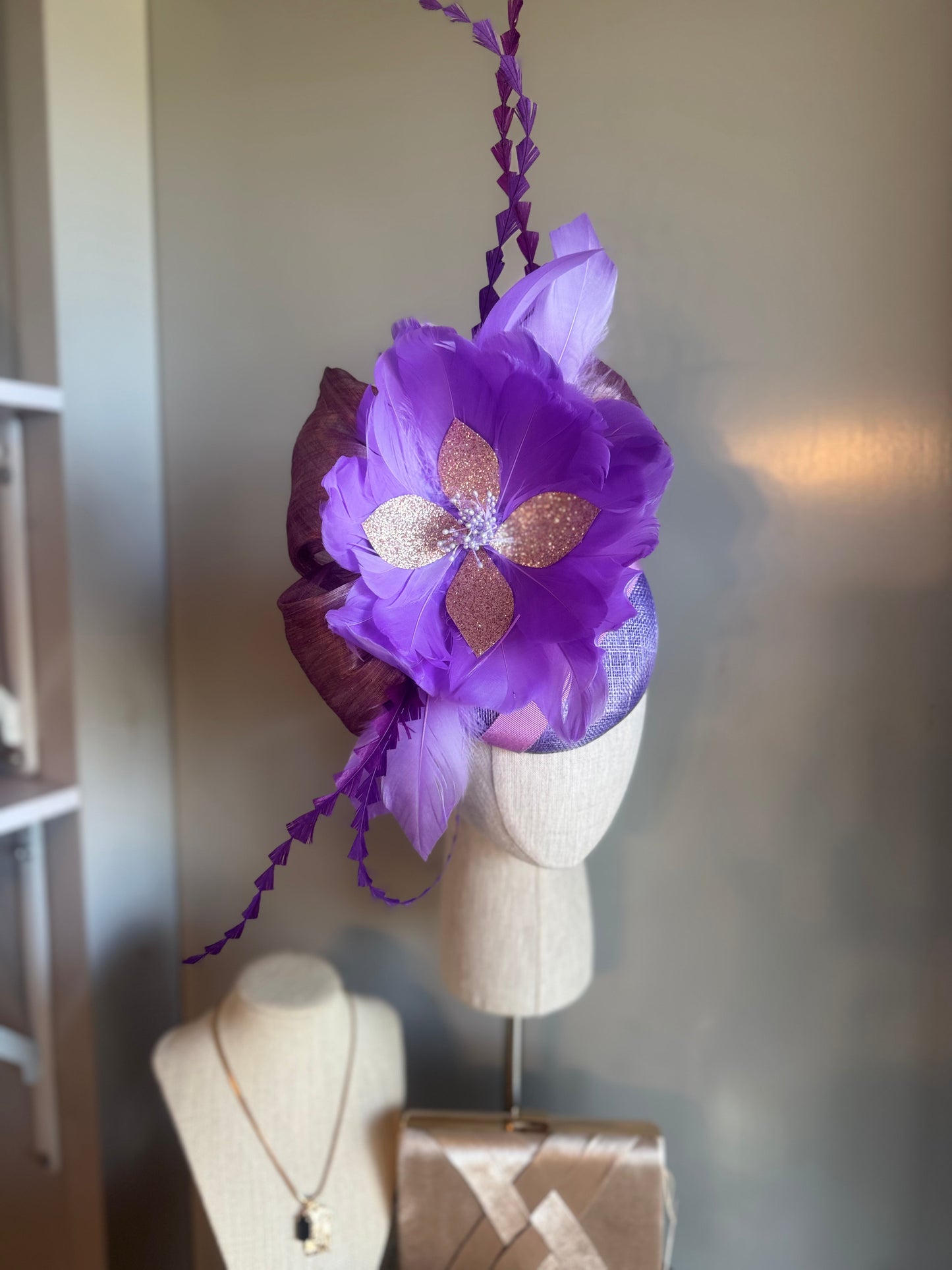 “Audrey” purple lilac rose gold feather floral