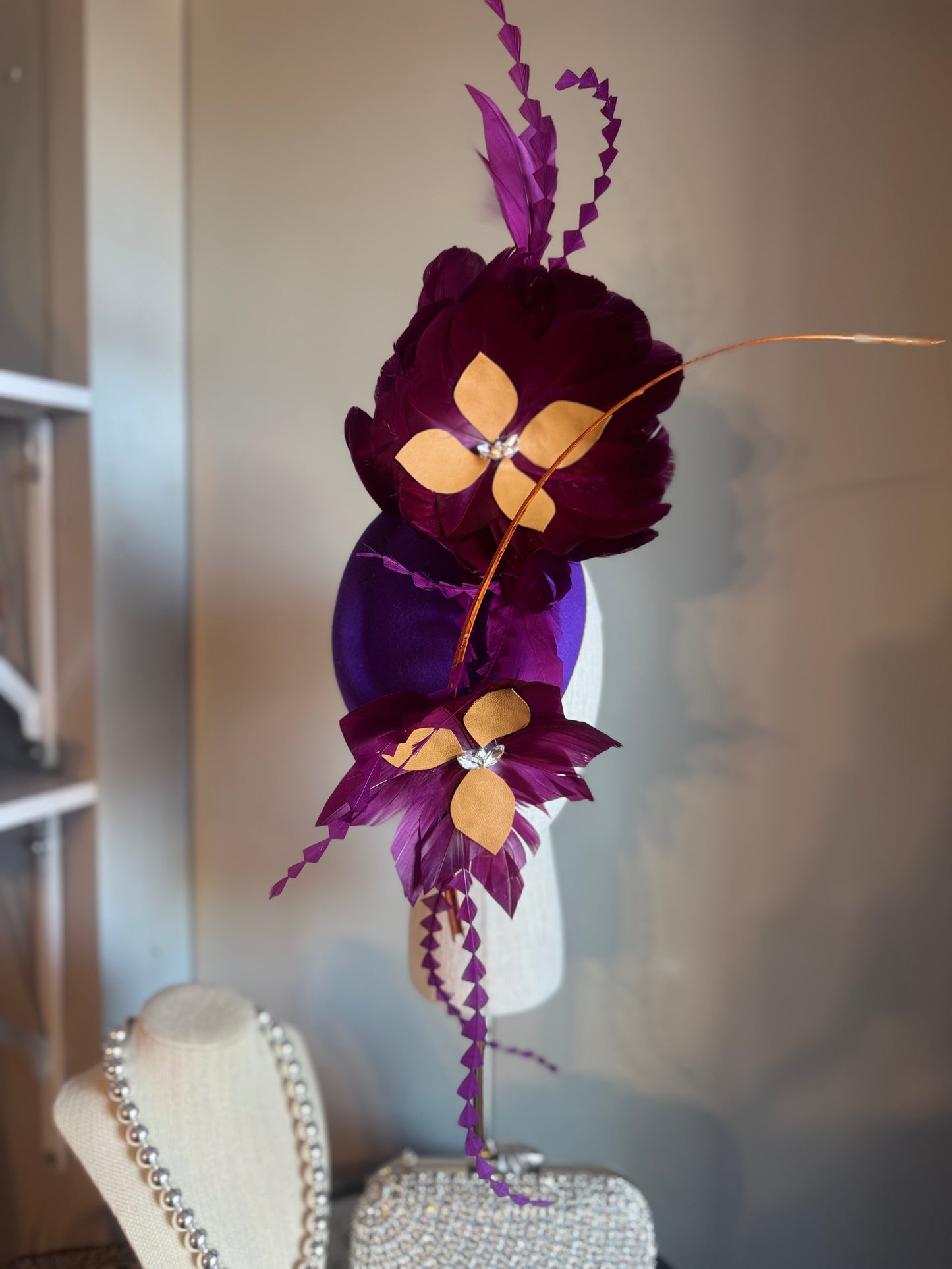 “Mimi” purple and tan feather felt/wool pillbox