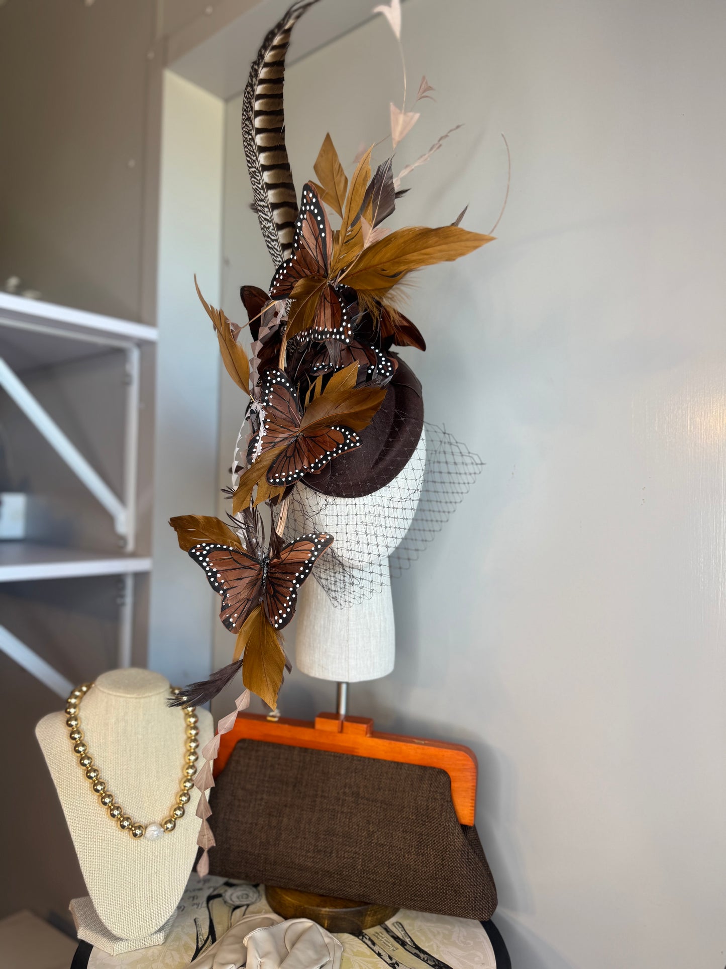 “Iris” Brown feater Butterfly felt/wool statement