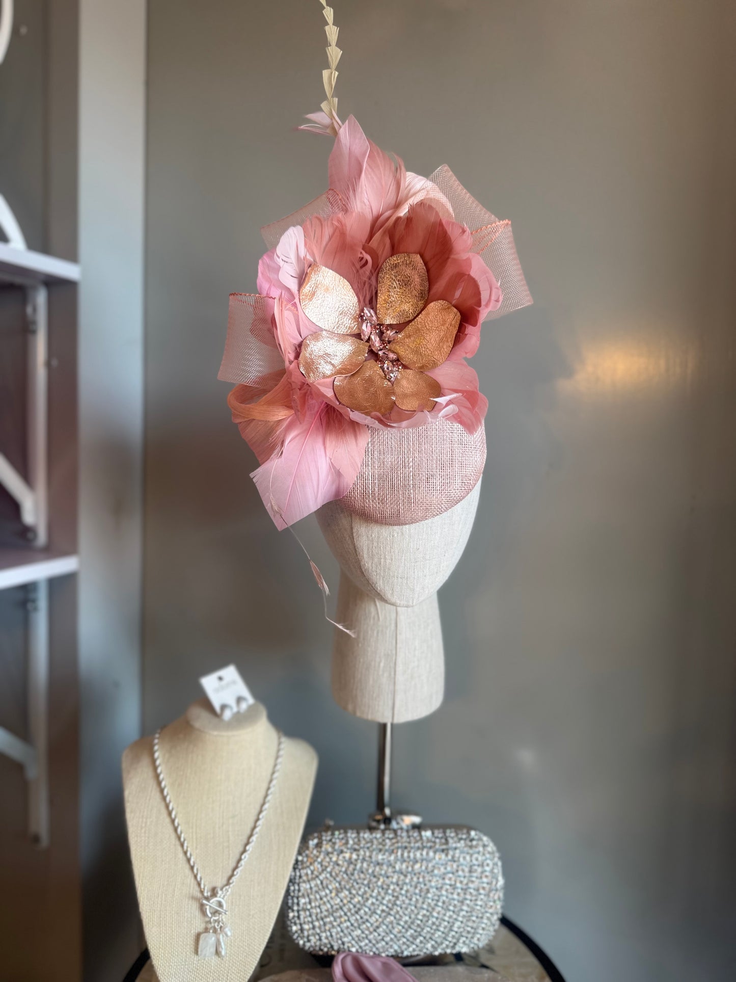 “Cindy” blush, Rose gold & soft pink feather floral