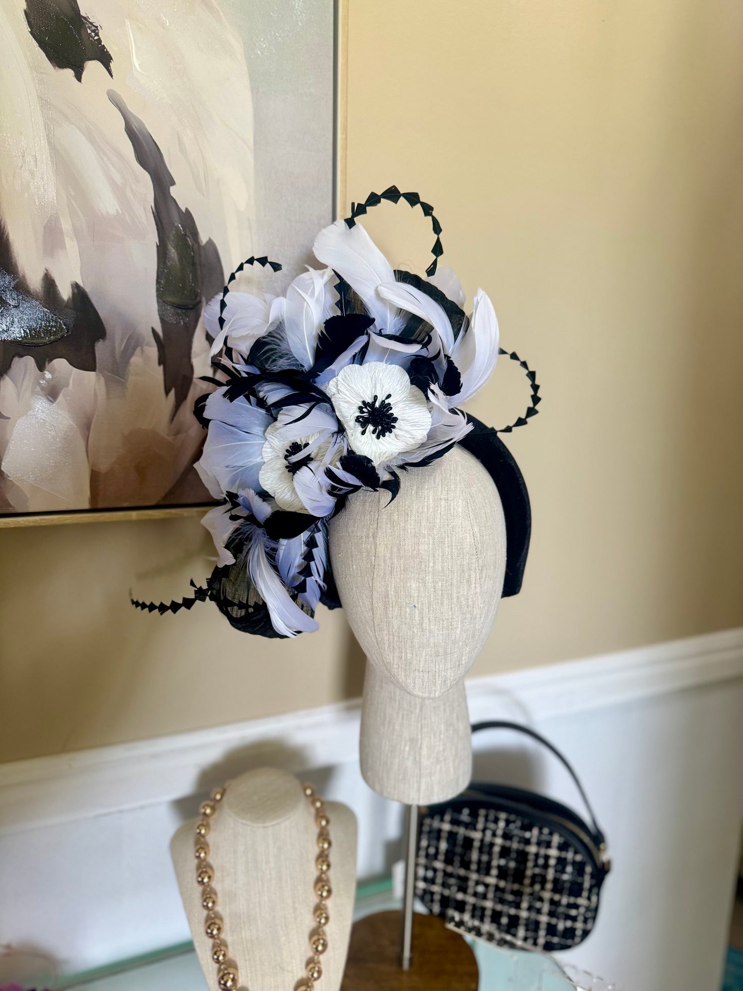 “Candice” black and white feather floral