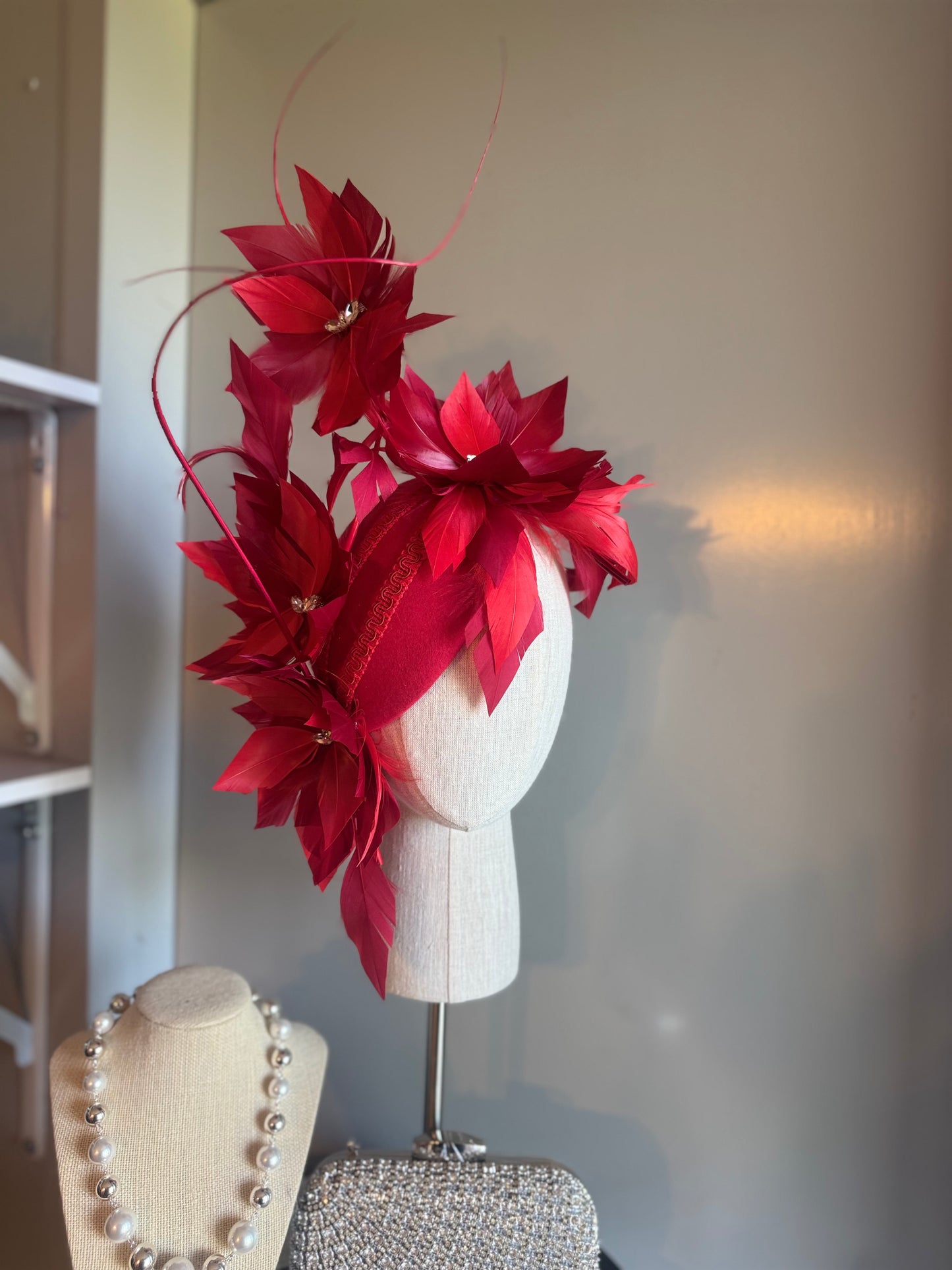 “Odette” Red feather statement felt/wool pillbox