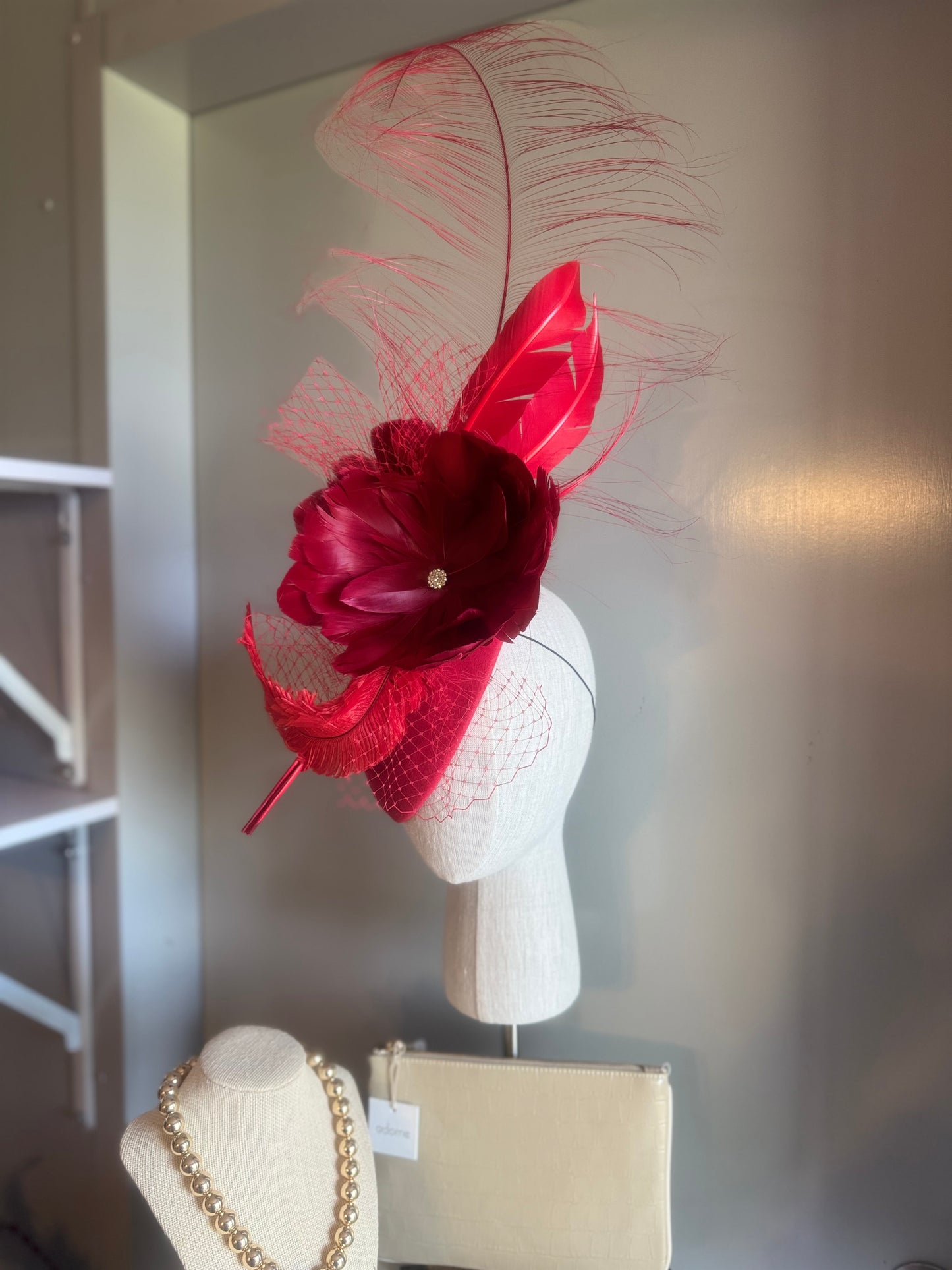 “Porsha” red feather statement pillbox