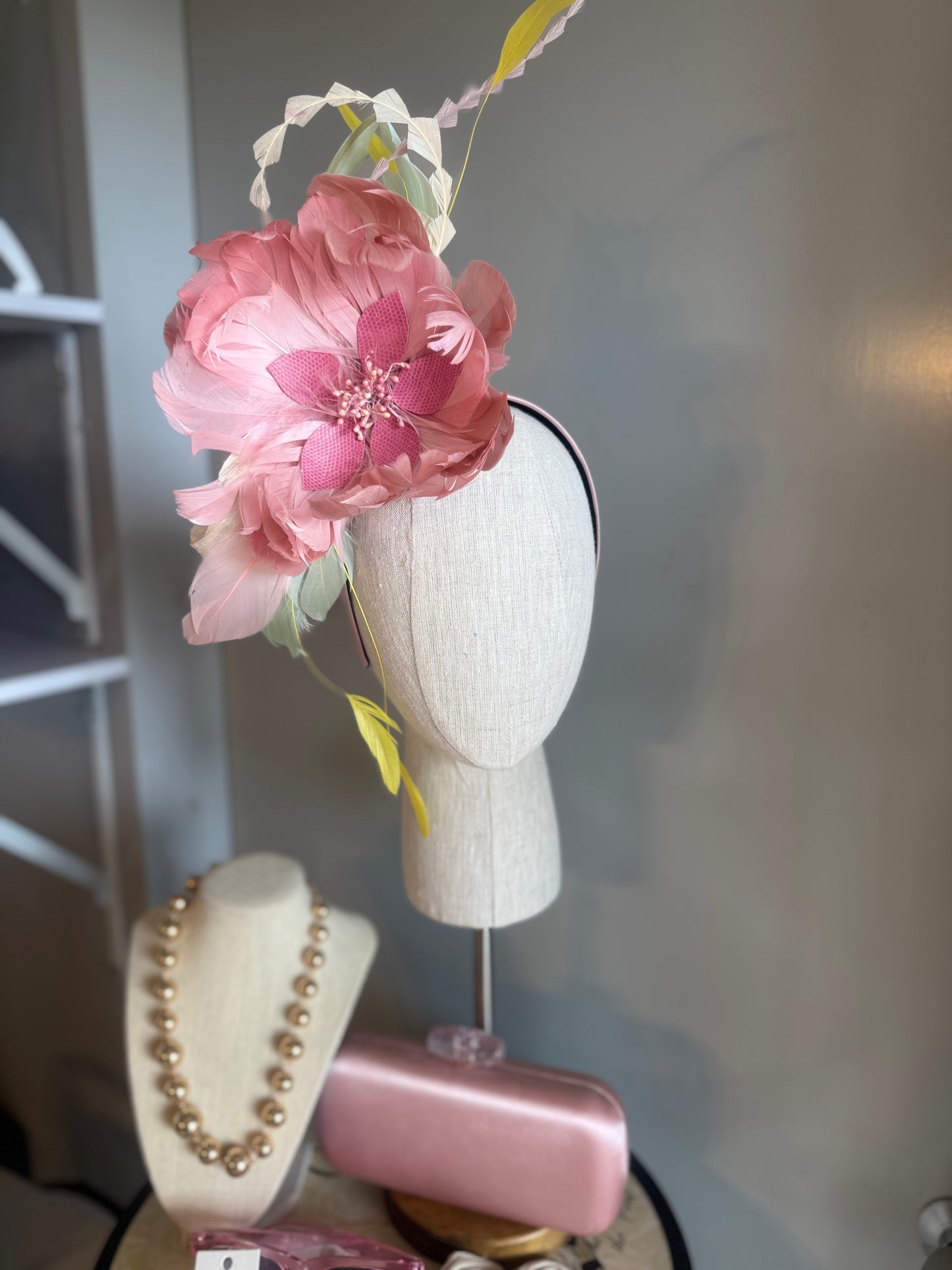 “Fleur” soft pinks,greens & yellow feather floral