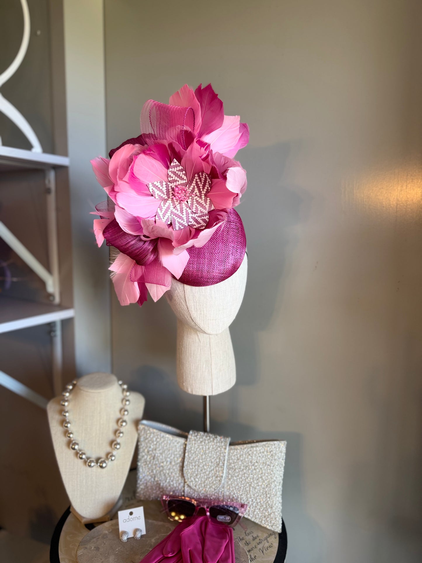 “Dimity” pink feather floral statement fascinator