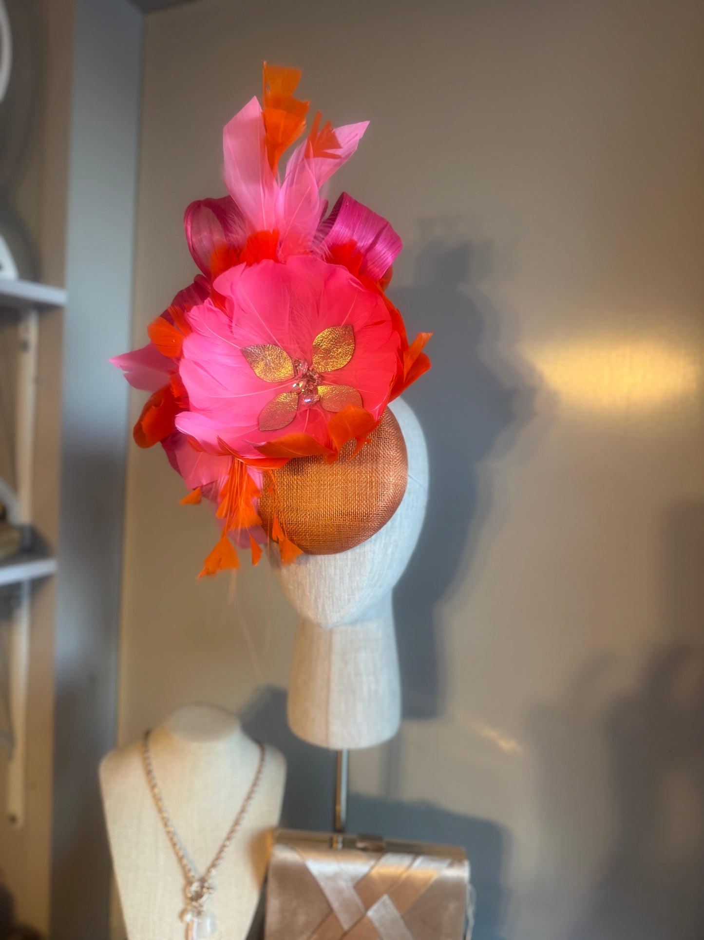 “Eleni” orange, pink & rose gold feather statement