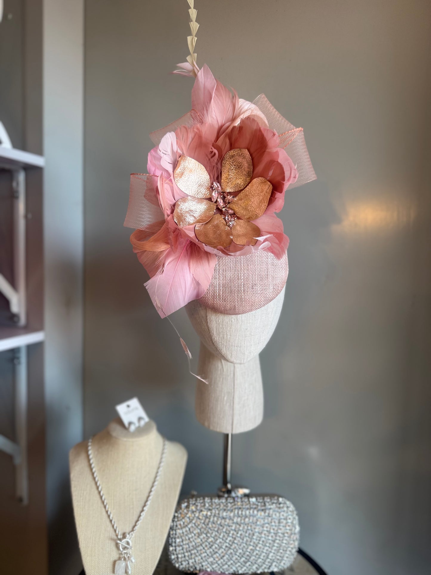 “Cindy” blush, Rose gold & soft pink feather floral